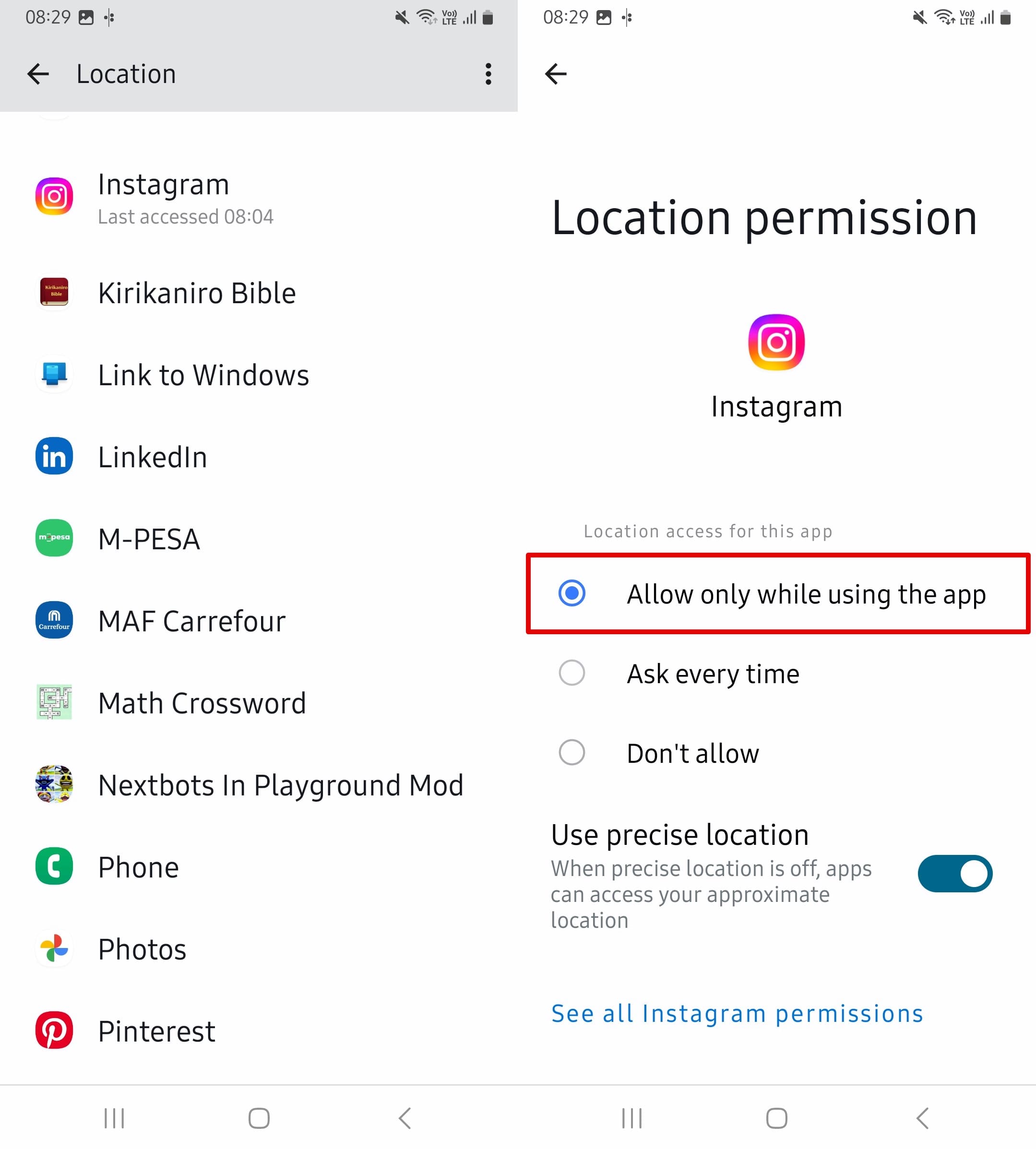 Click Instagram and choose Allow only while using the app.