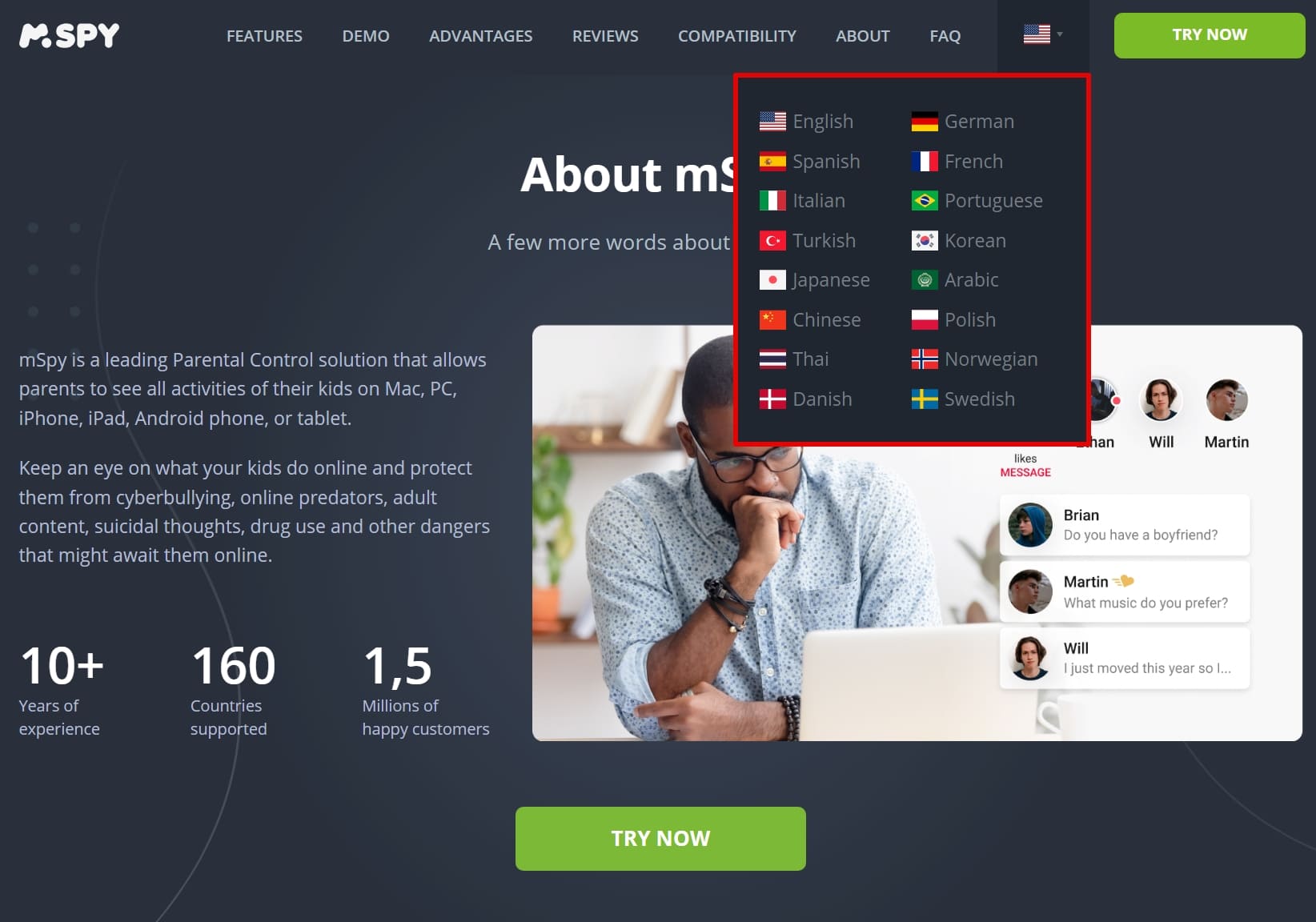 List of languages supported by the site, including: English, Spanish, Portuguese, French, German, Italian, etc.