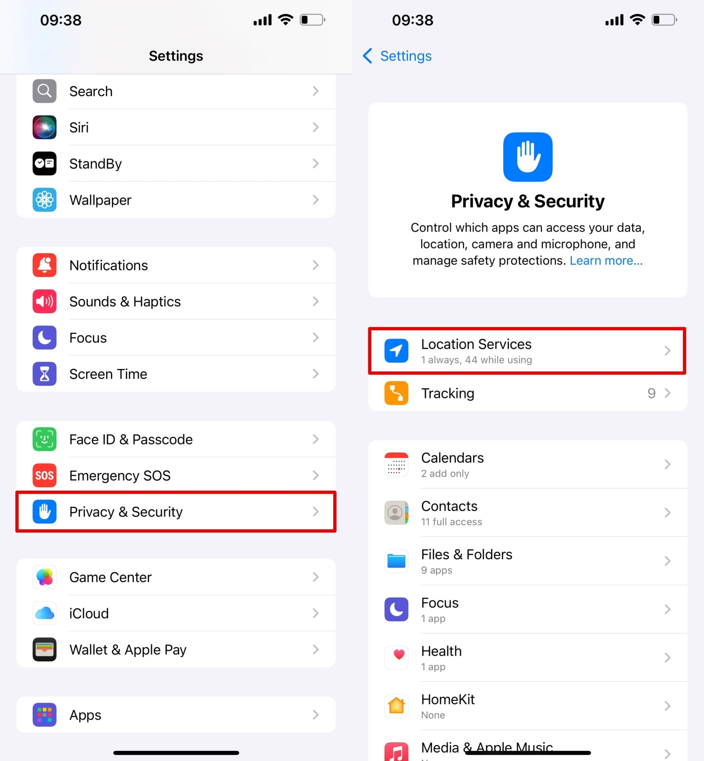 Open Privacy and Security from Settings and click Location Services.