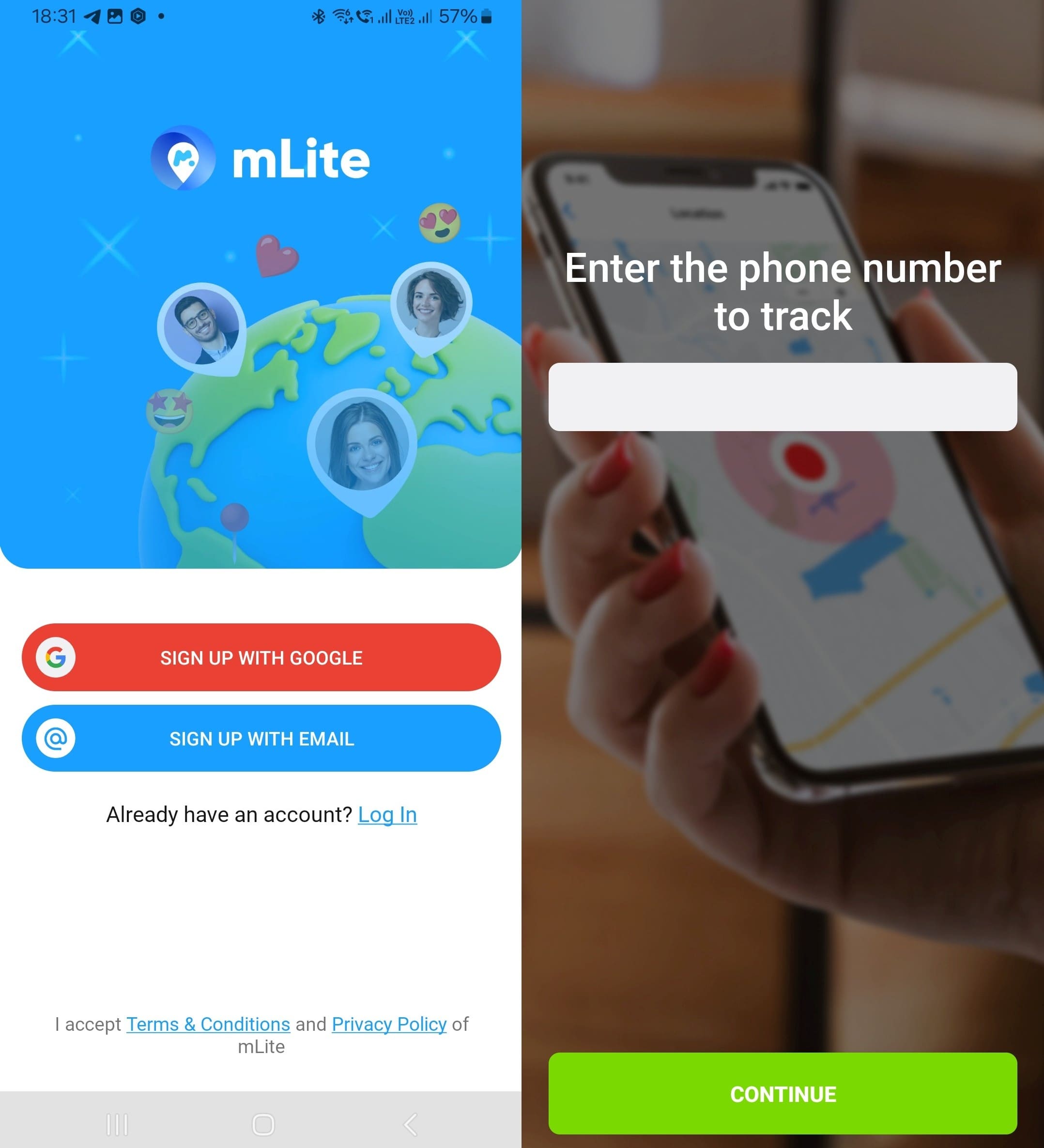 mLite app signup and phone tracking interface showing options to sign up with Google or Email and screen for entering a phone number.