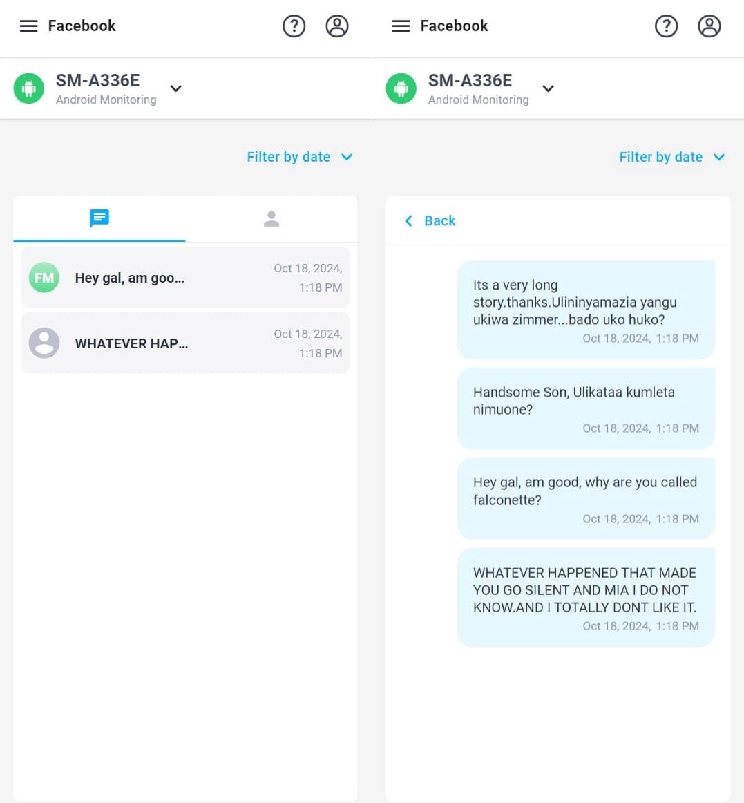 Monitoring social media posts with message previews and detailed chat content using Facebook as an example.
