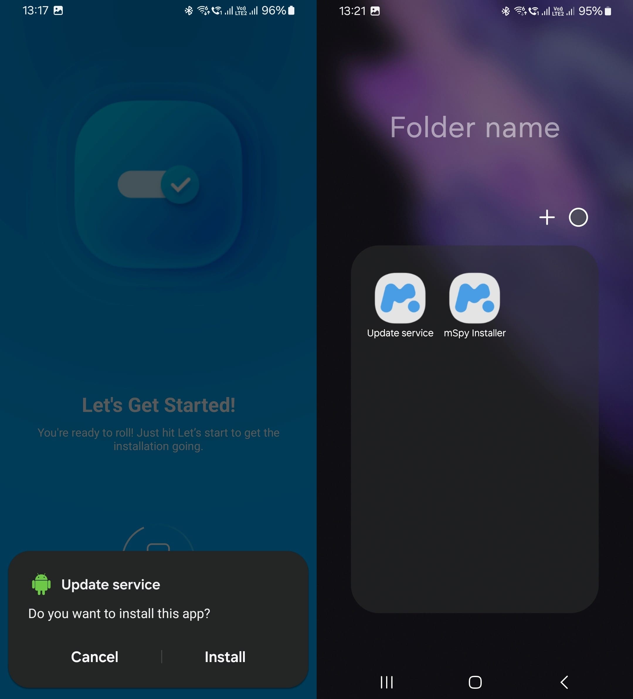 Request to install and display installed Update Service and mSpy Installer apps.
