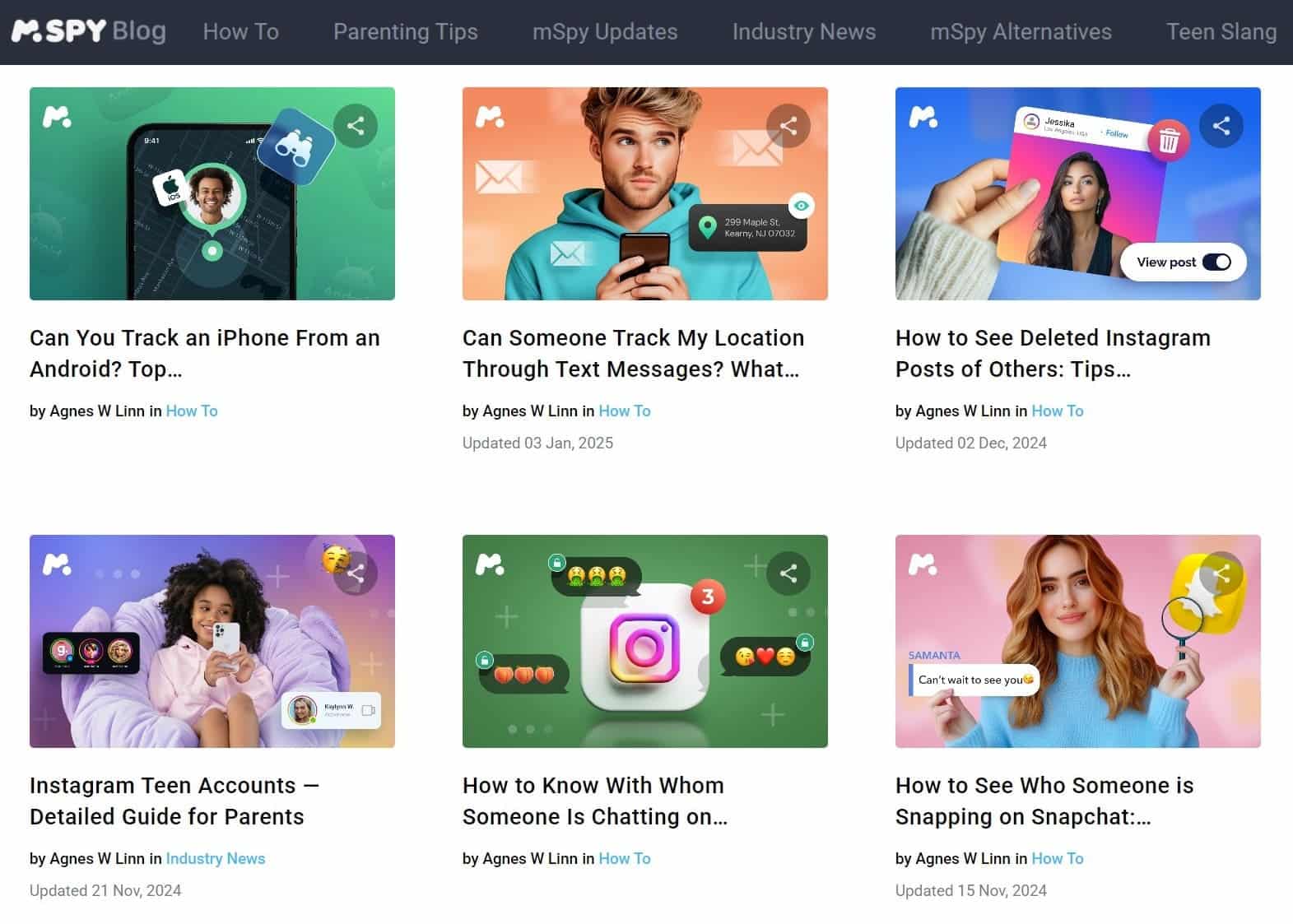mSpy blog homepage showing various articles about phone tracking, Instagram monitoring, Snapchat activity, and parental control tips.