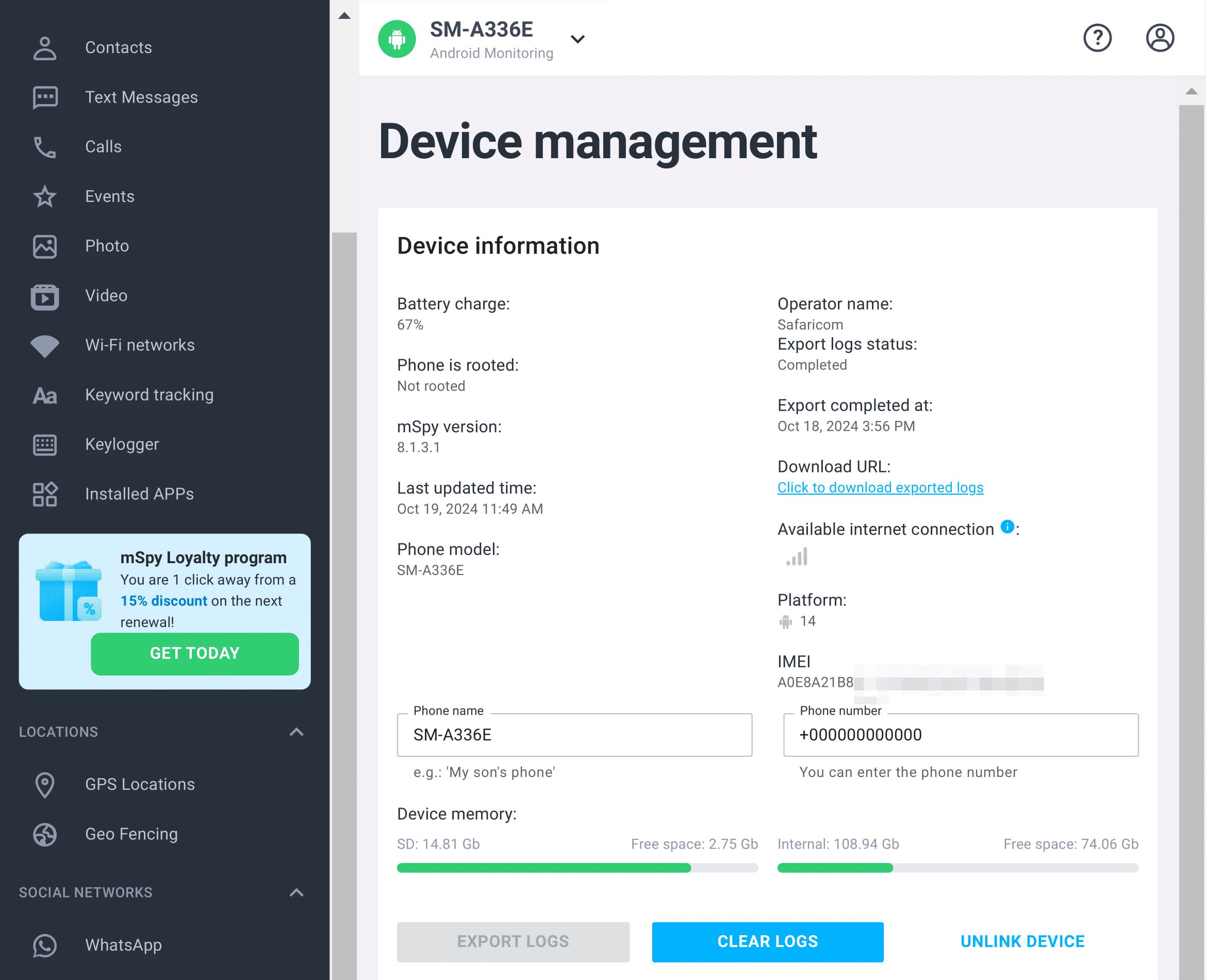 An mSpy device management screen showing battery level, OS version, memory usage and status of log export and device tethering options.