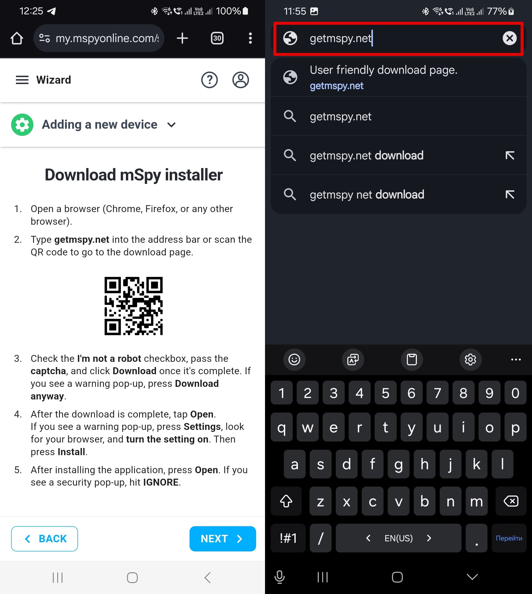 Install mSpy by scanning the QR code or by typing getmspy.net into your web browser's search bar.