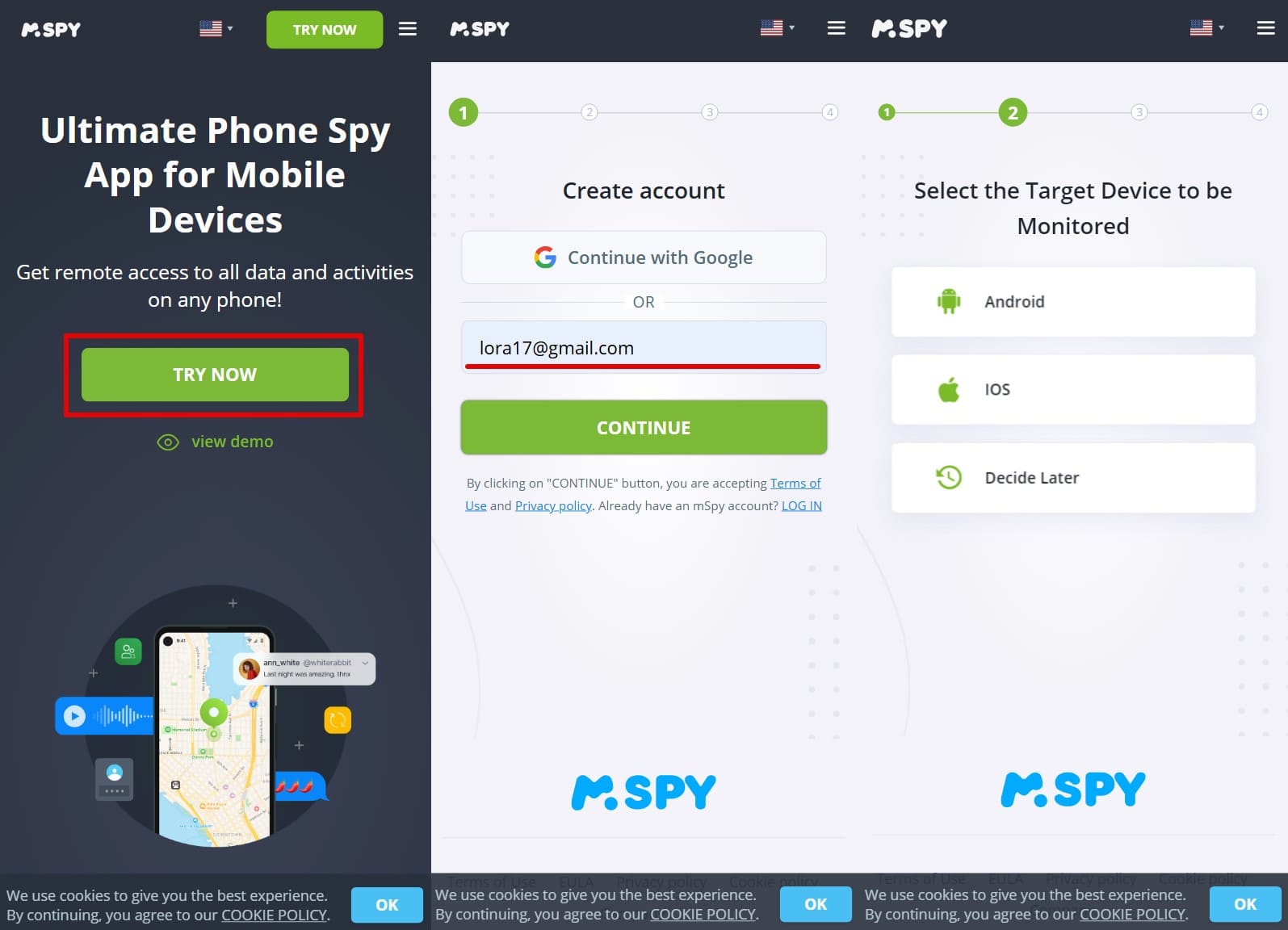 Three sequential steps for mSpy: “try now” button to get started, creating an account, and selection of Android and iOS device types.