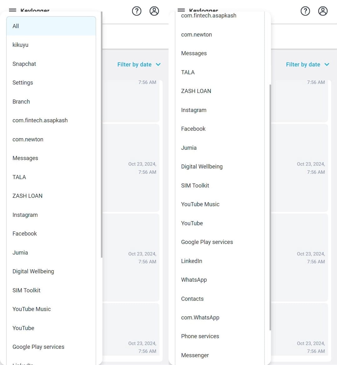 Keylogger shows a drop-down list of applications in which activity has been recorded, such as Facebook, WhatsApp, Instagram and others as examples.