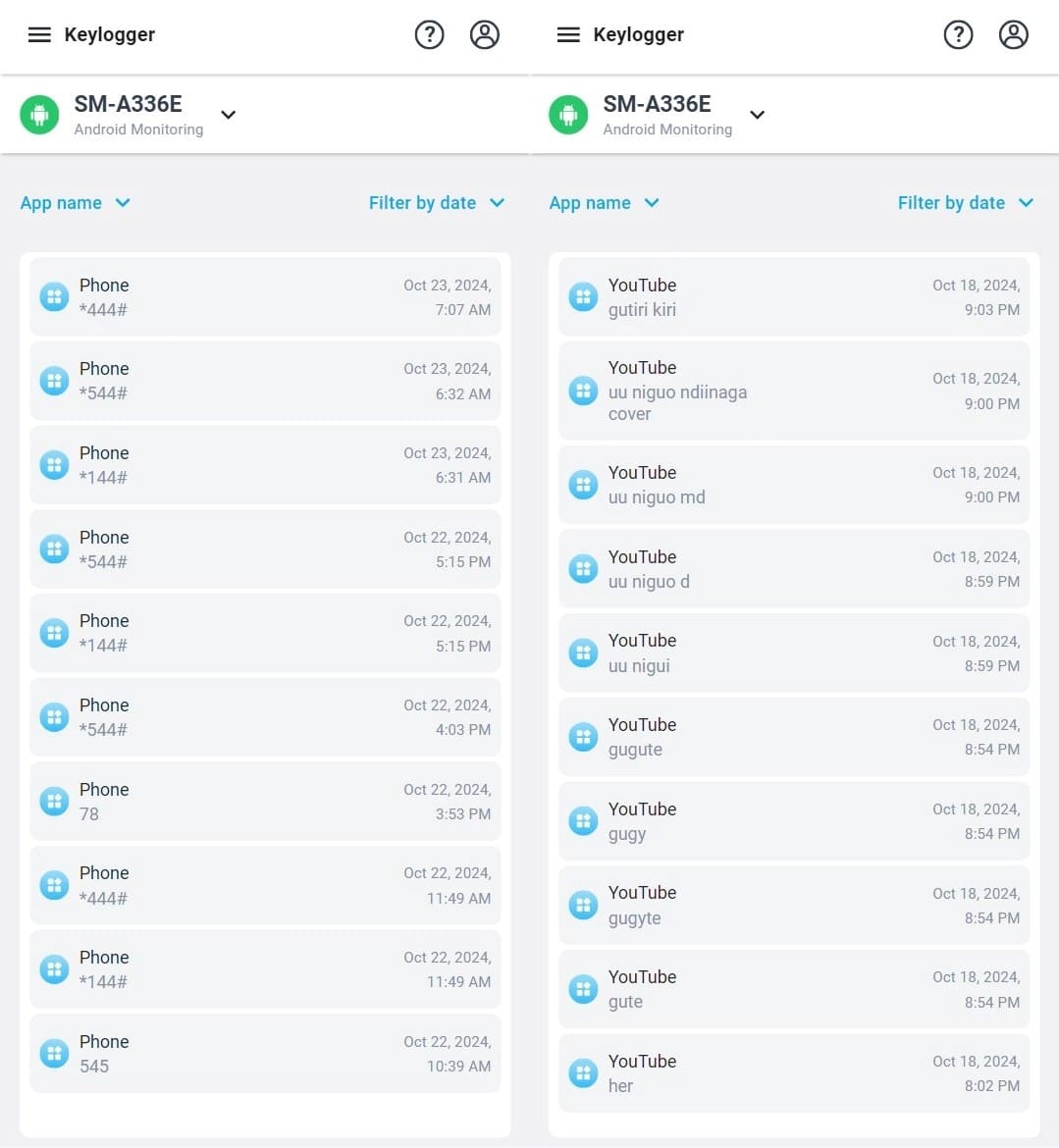 The mSpy keylogger interface showing user keystrokes from the Phone application and YouTube.