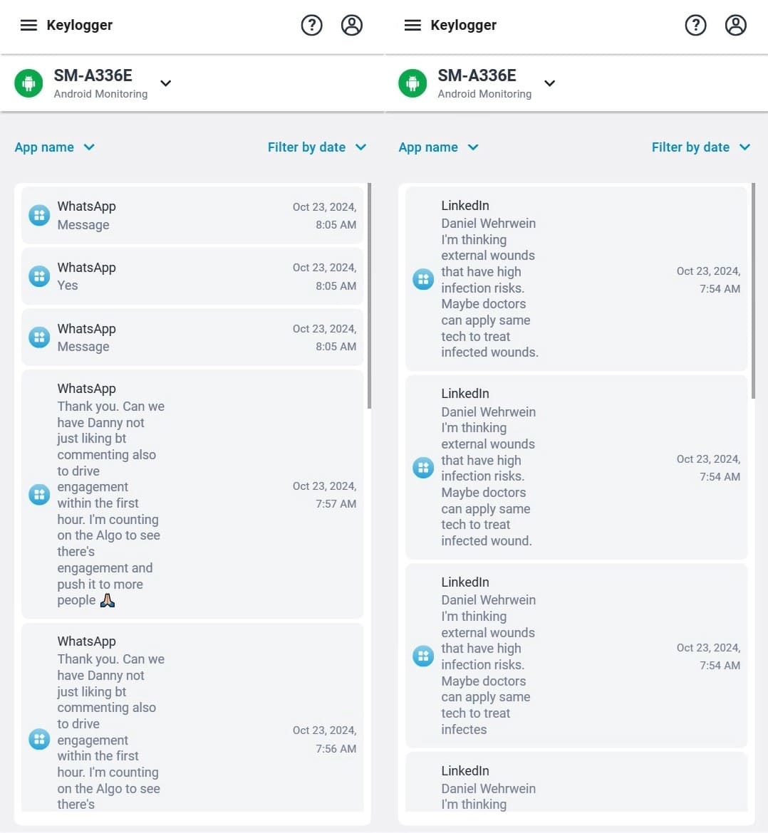 Keylogger shows intercepted keystrokes from applications with message content and timestamps, using WhatsApp and LinkedIn as an example.