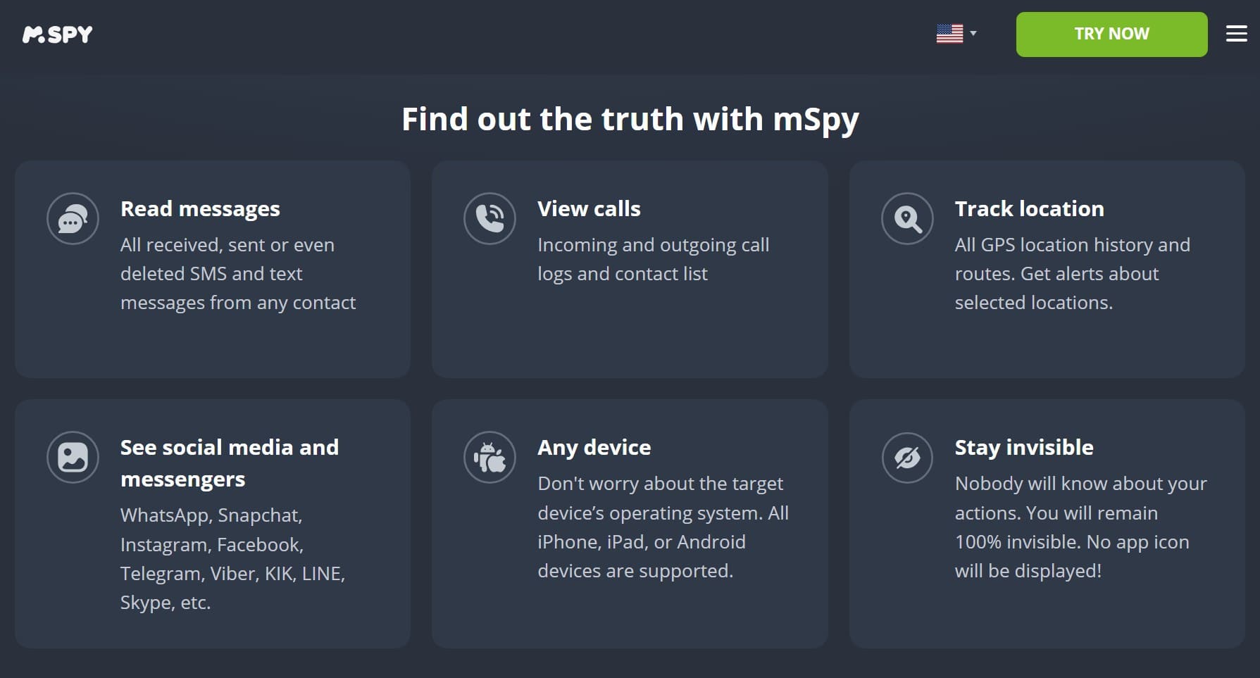 Key features of the mSpy monitoring app, including SMS and call tracking, GPS location history, social media monitoring, multi-device compatibility, and invisible mode of operation.