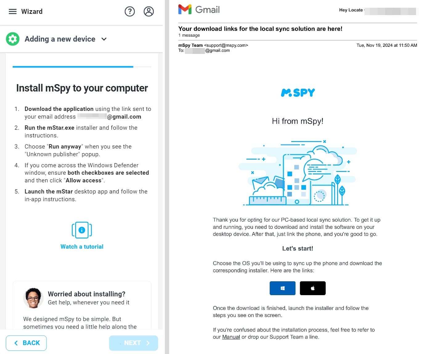 mSpy local sync setup instructions with desktop installation steps and confirmation email providing OS-specific download links.
