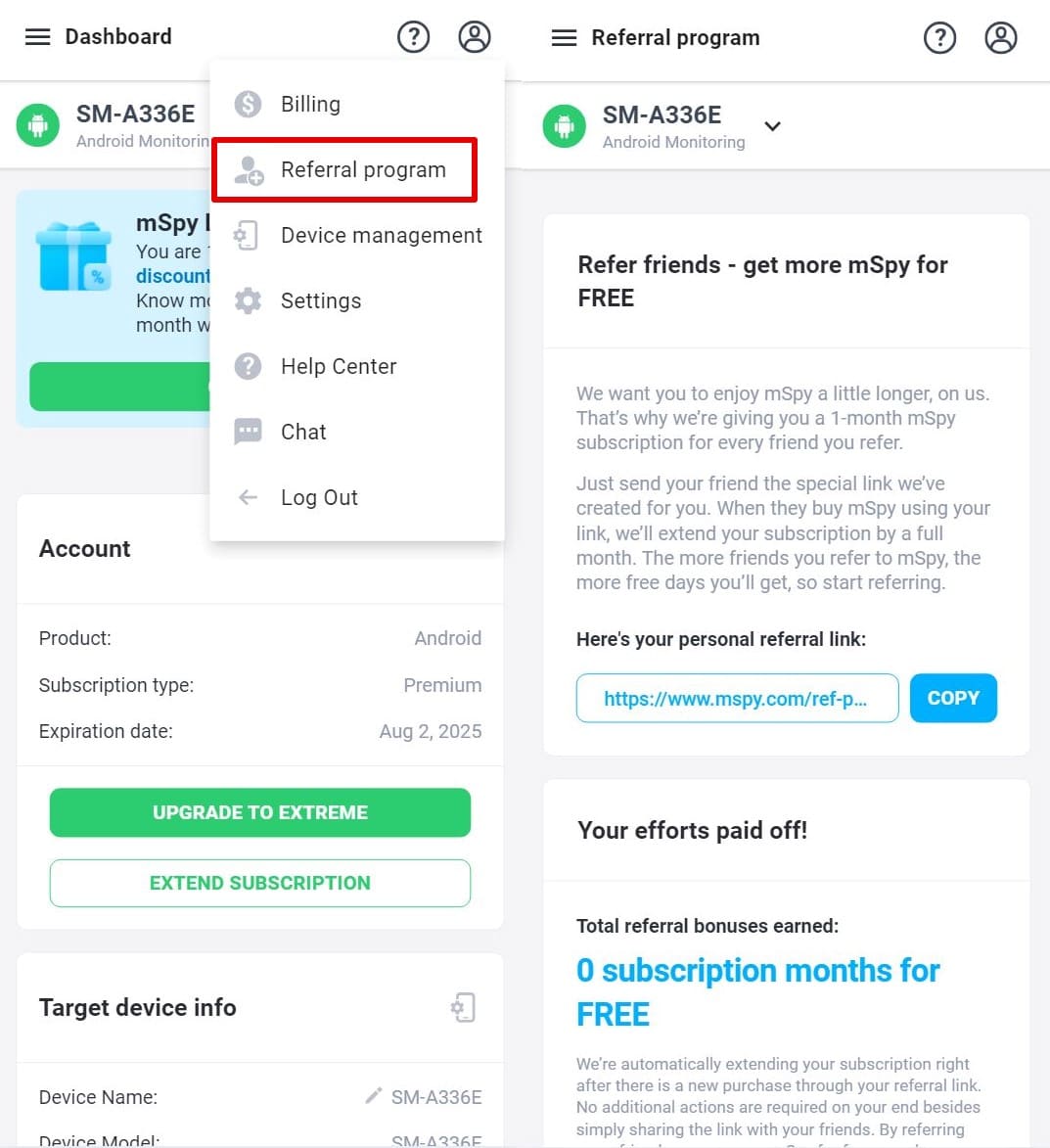 mSpy referral program, with link and described conditions.