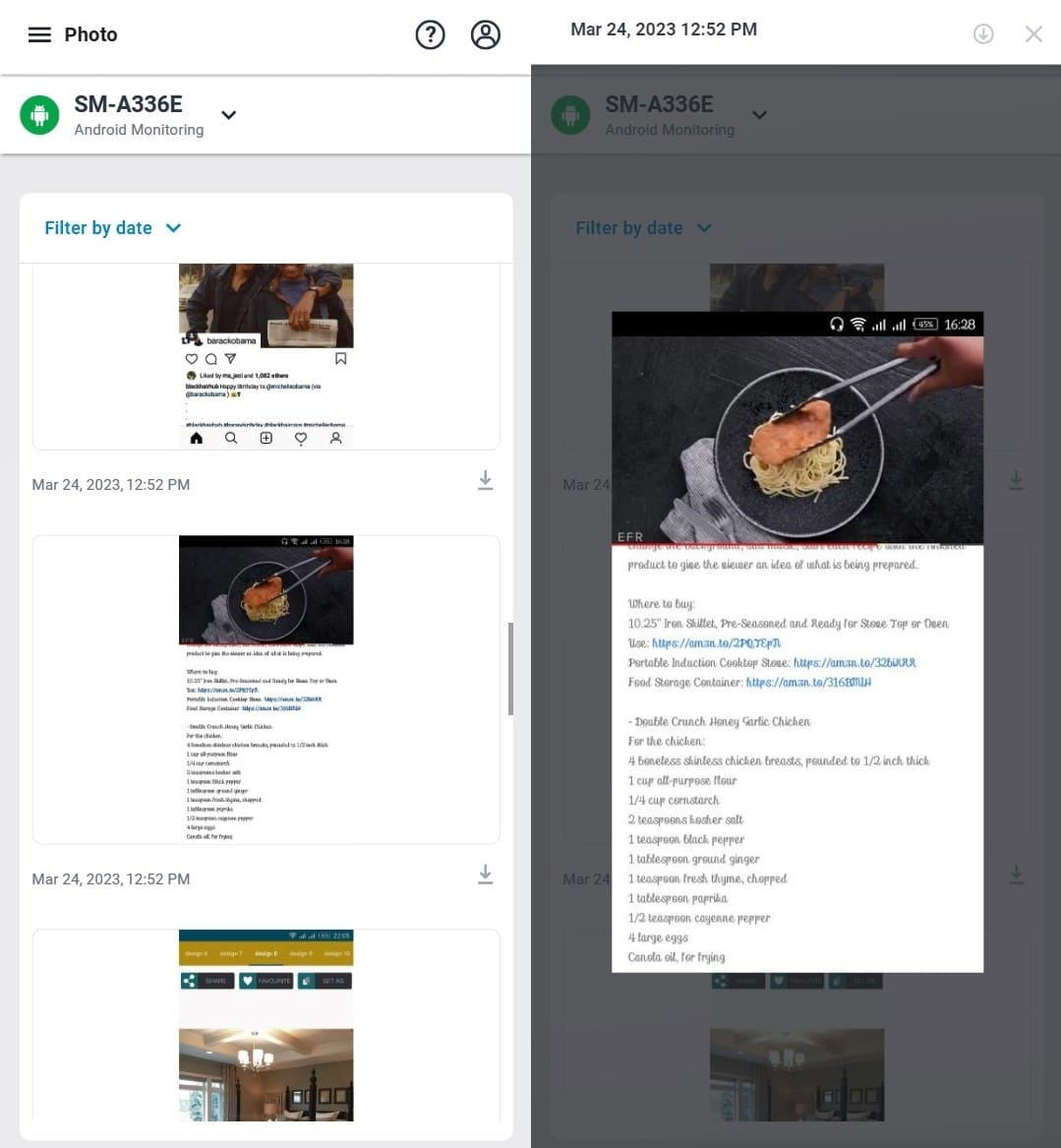 mSpy shows photos and videos with date and time stored in the target device gallery.