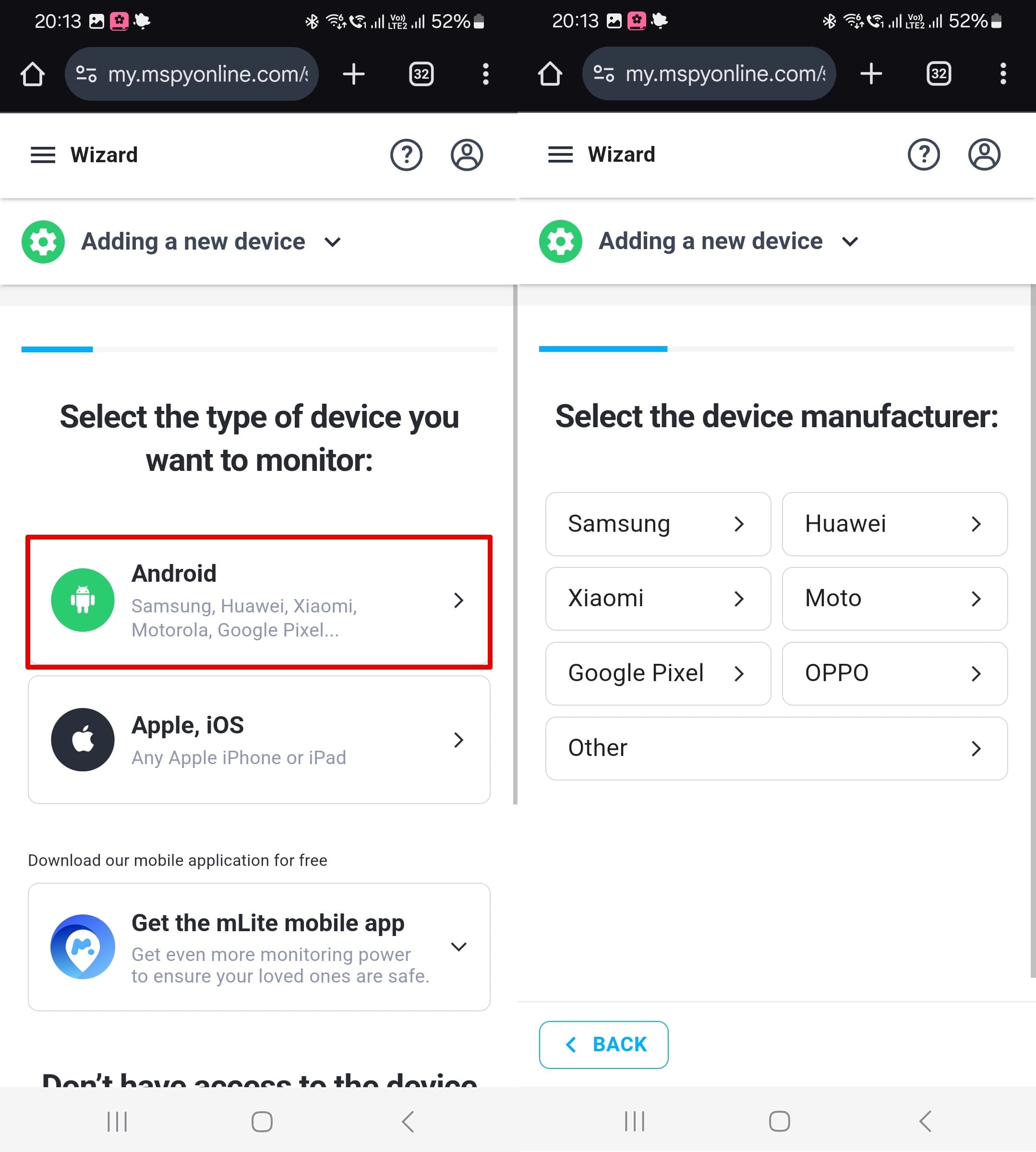 Adding a new device to mSpy, highlighting the Android option, and selecting the device type.