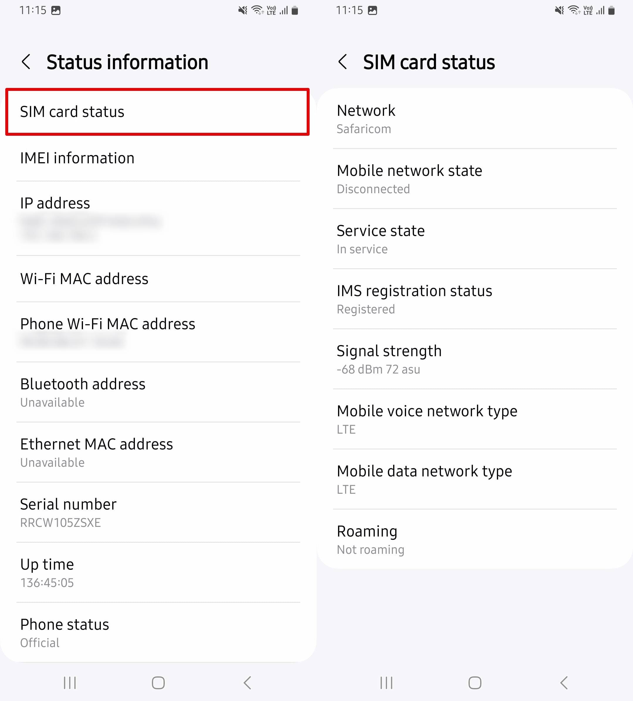 Click SIM card status to see network name under SIM card status.