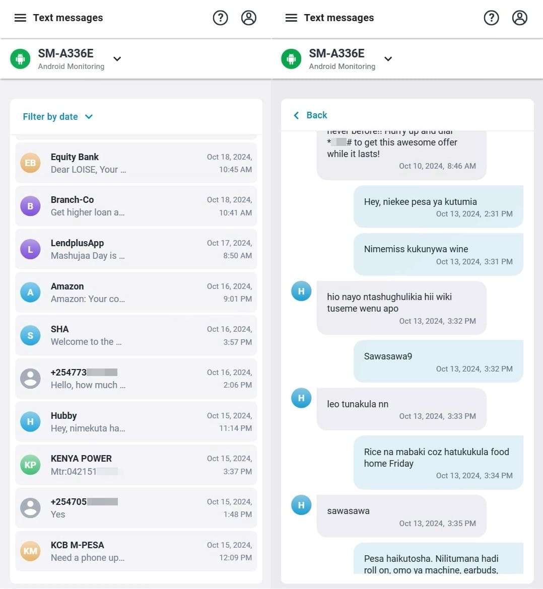 List text messages and view chat with message and time display.
