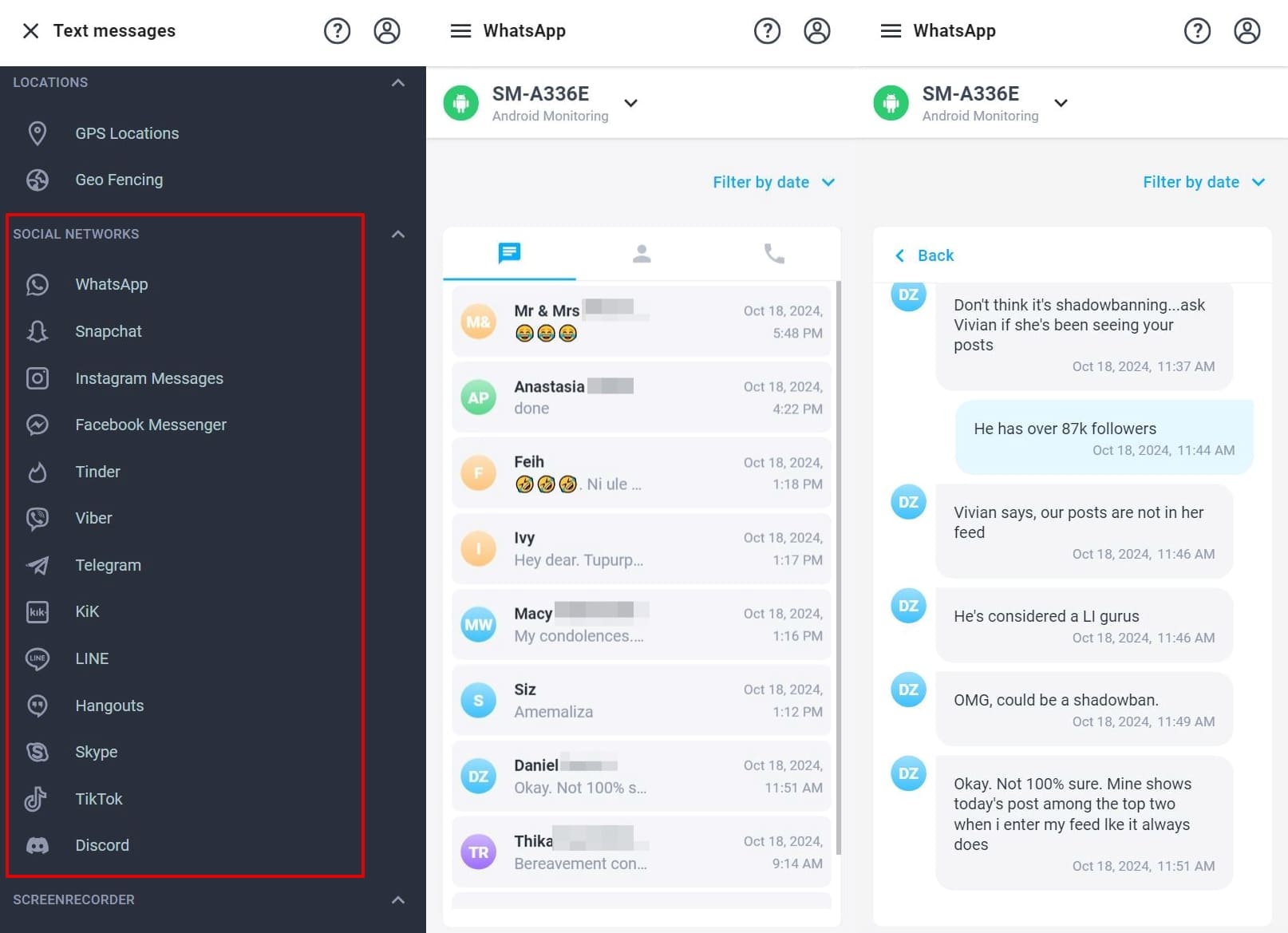 The mSpy monitoring interface showing a list of supported social networks including WhatsApp, Snapchat, Instagram Messages, Facebook Messenger, Tinder, Viber, Telegram, KiK, LINE, Hangouts, Skype, TikTok and Discord. Displaying message stream with names and message previews including detailed conversation.