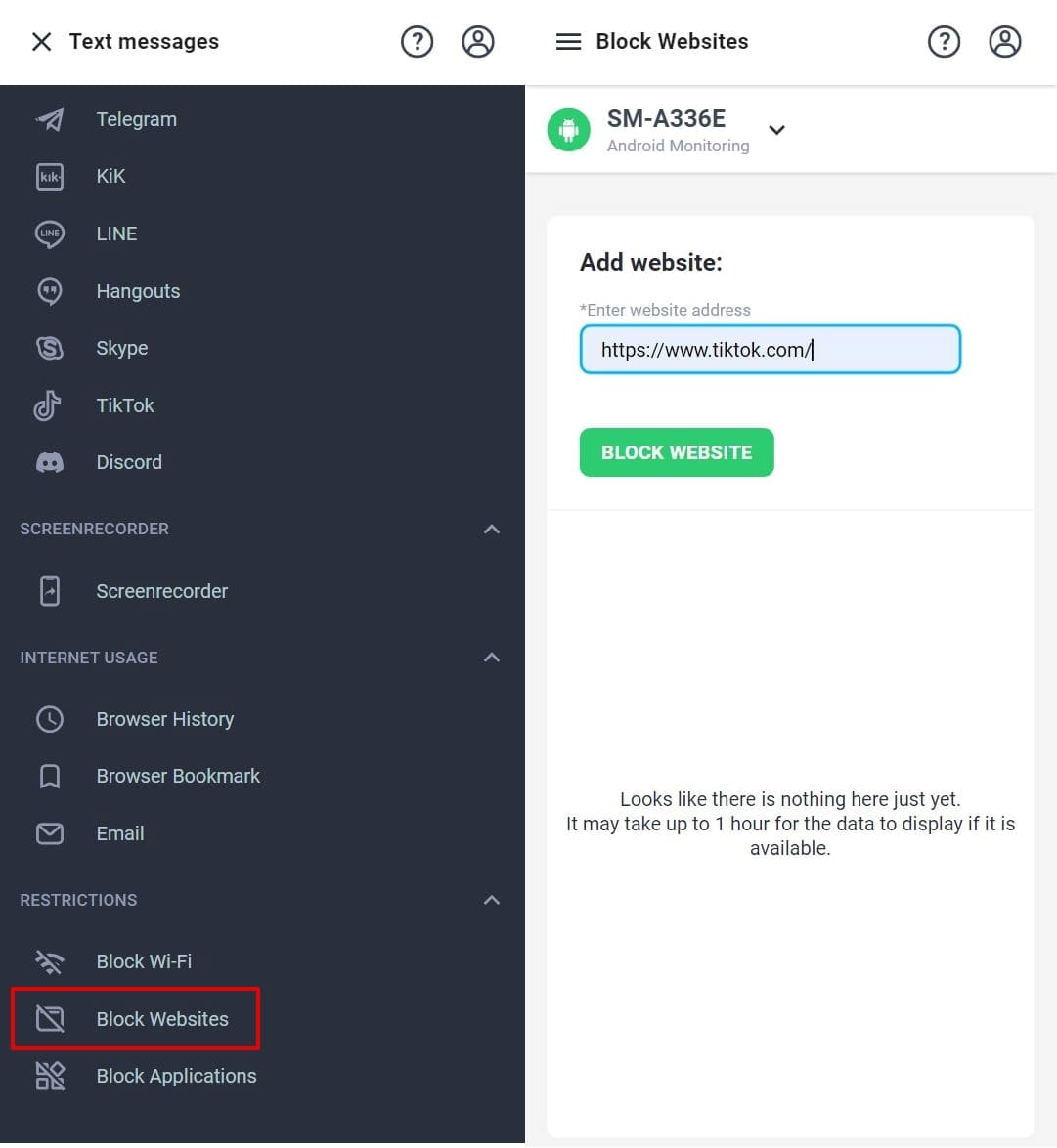 Blocking websites, on the target device, by entering the URL.