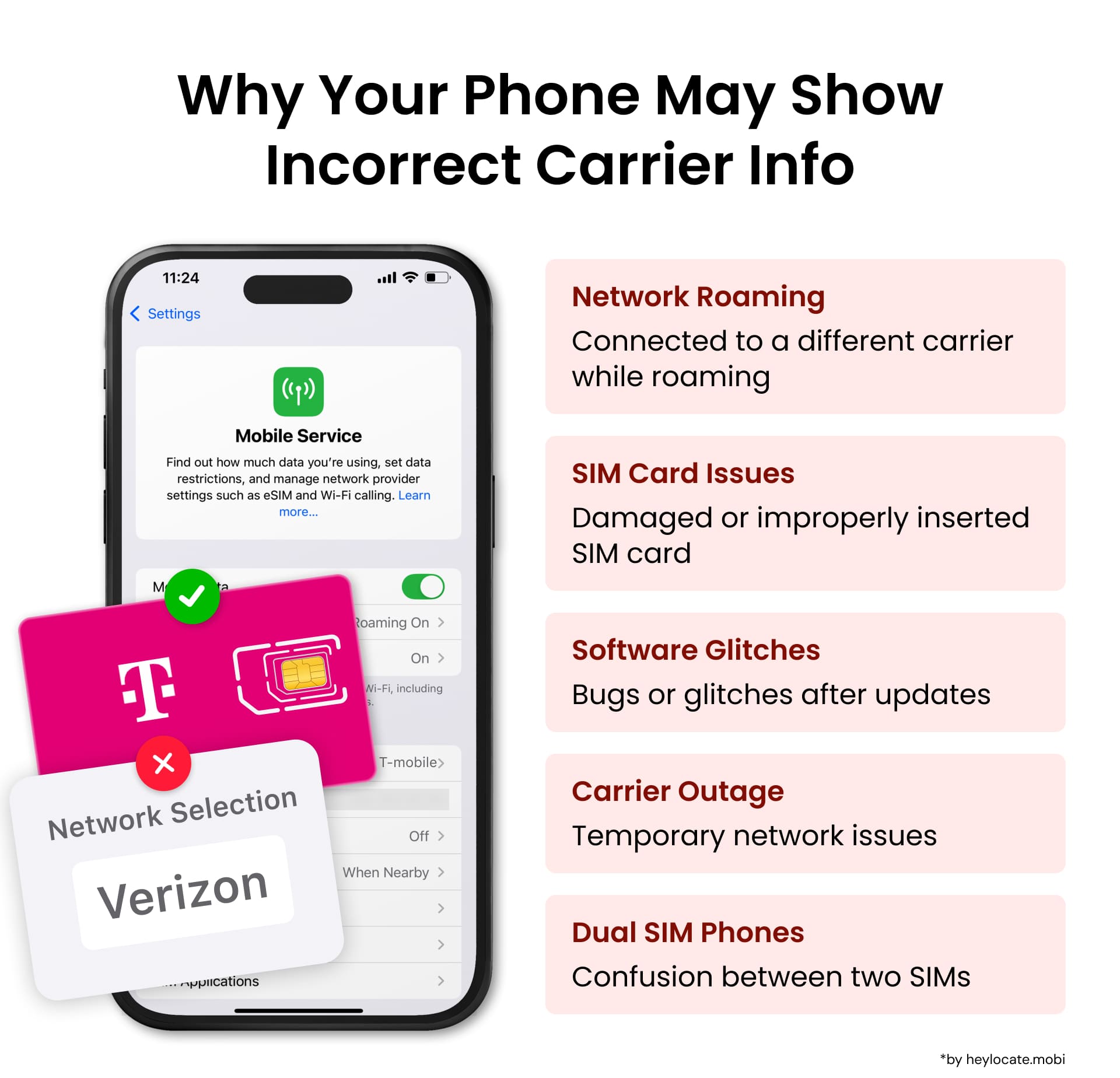 Infographic showing five reasons why a phone may show incorrect carrier info: network roaming, SIM card issues, software glitches, carrier outage, and dual SIM confusion.