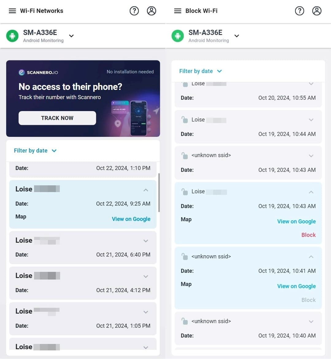 View the Wi-Fi networks that the target phone is connected to with the ability to block Wi-Fi and view the location on the map.