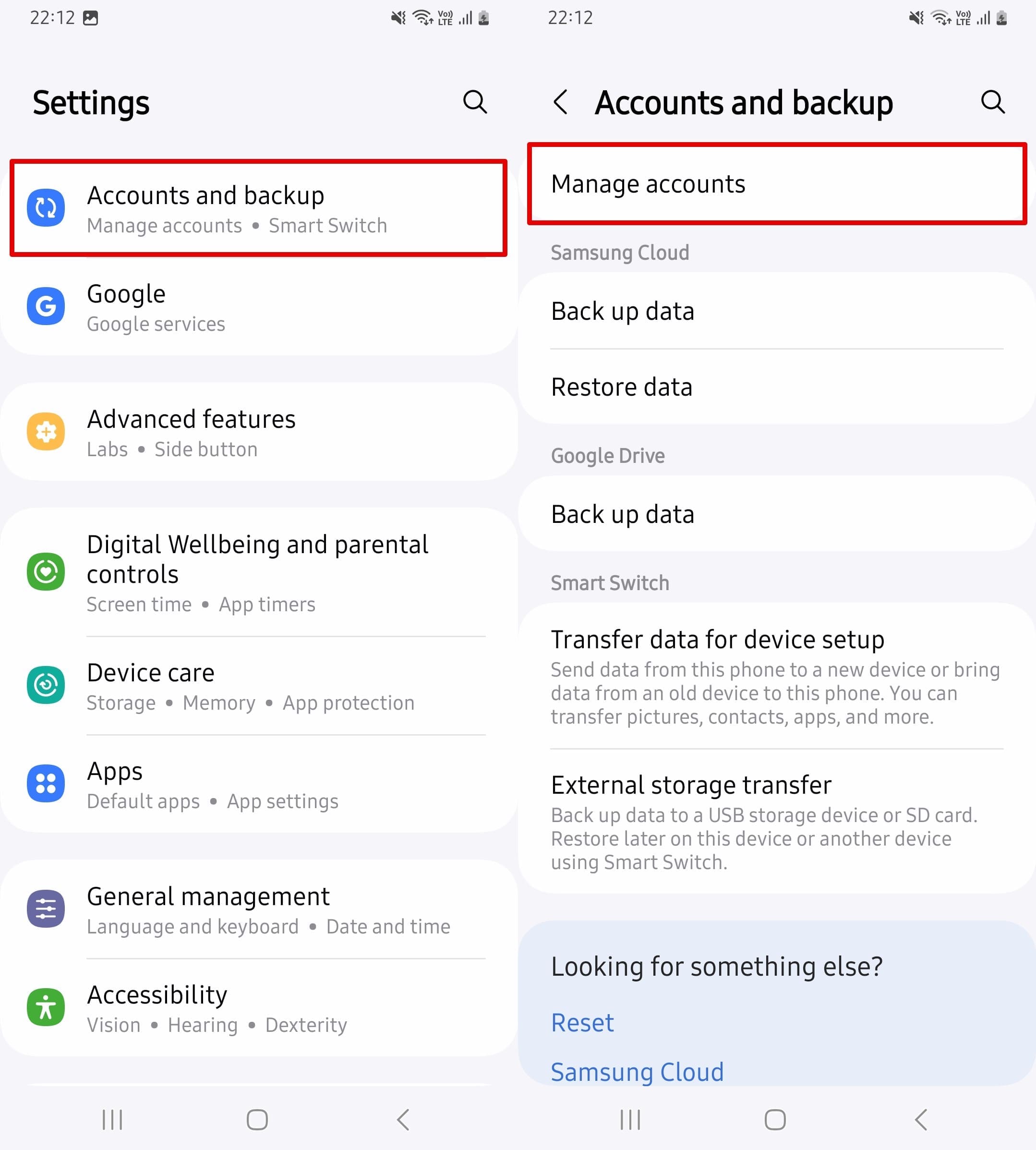 Click Accounts and Backup and then Manage Accounts.
