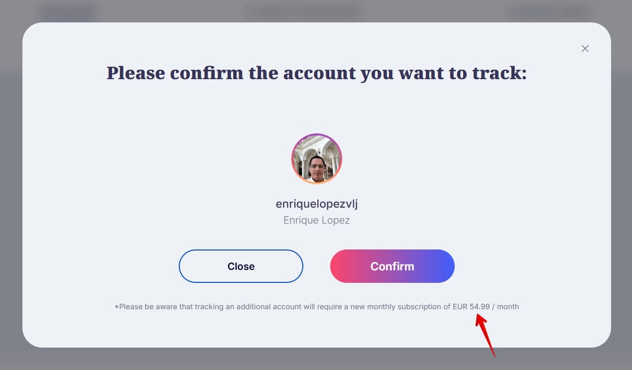 Confirmation screen for tracking an account in Peekviewer with a note that this action requires a monthly fee.