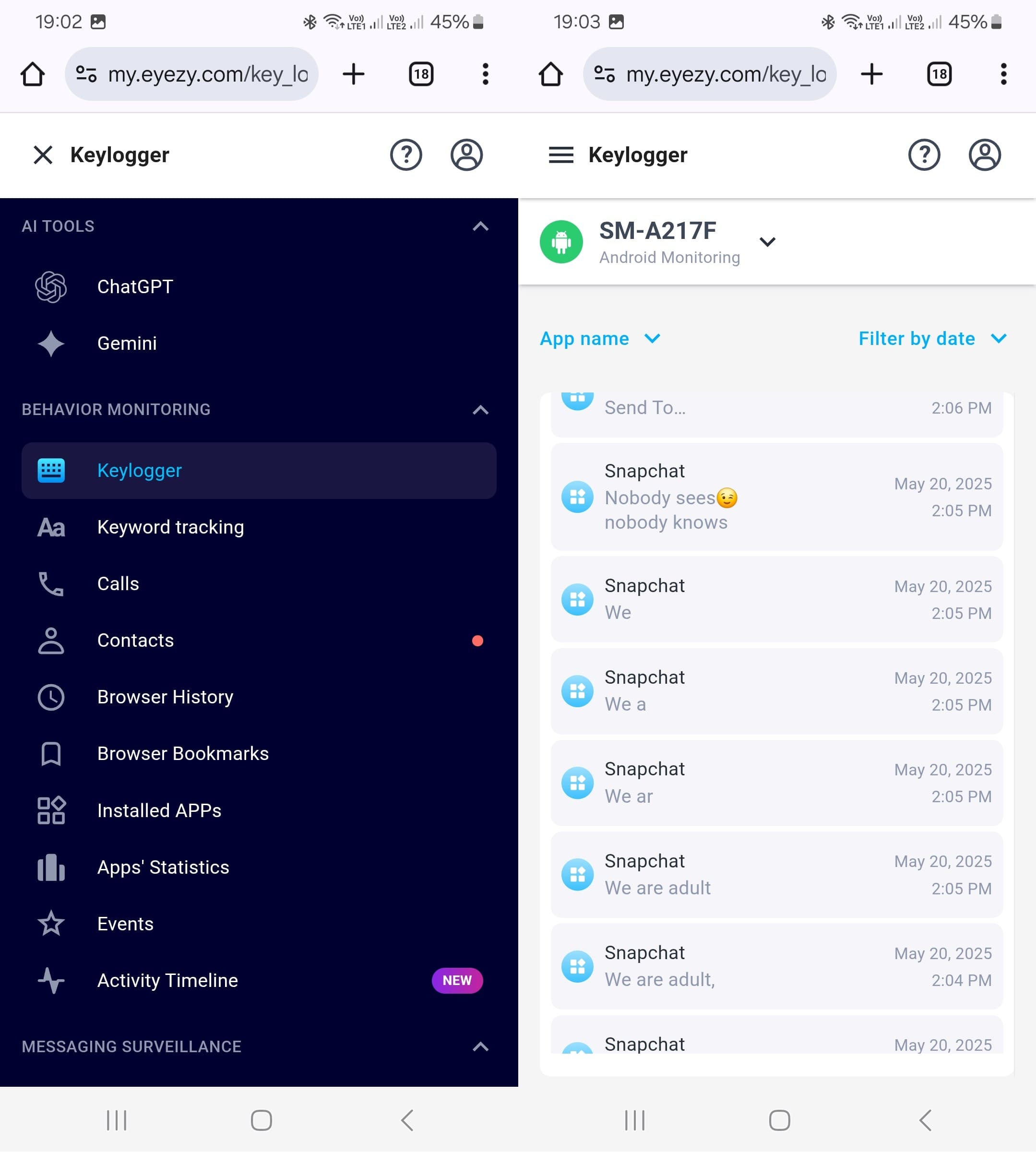 Eyezy keylogger with tracked words on Snapchat.