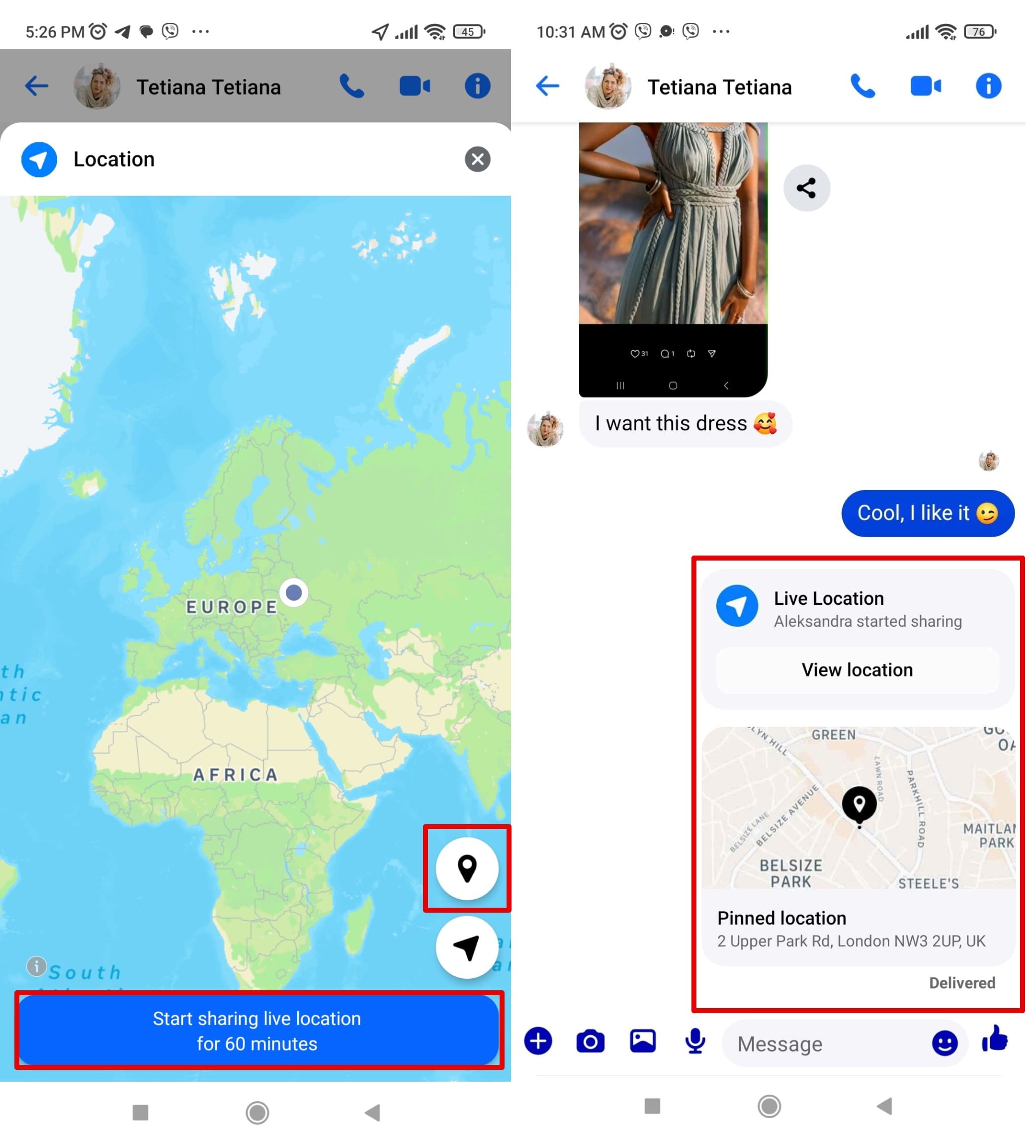 You can tap Start sharing live location for 60 min or the Pin icon to send a selected point on the map. The appropriate notification will be shown in the chat after that.