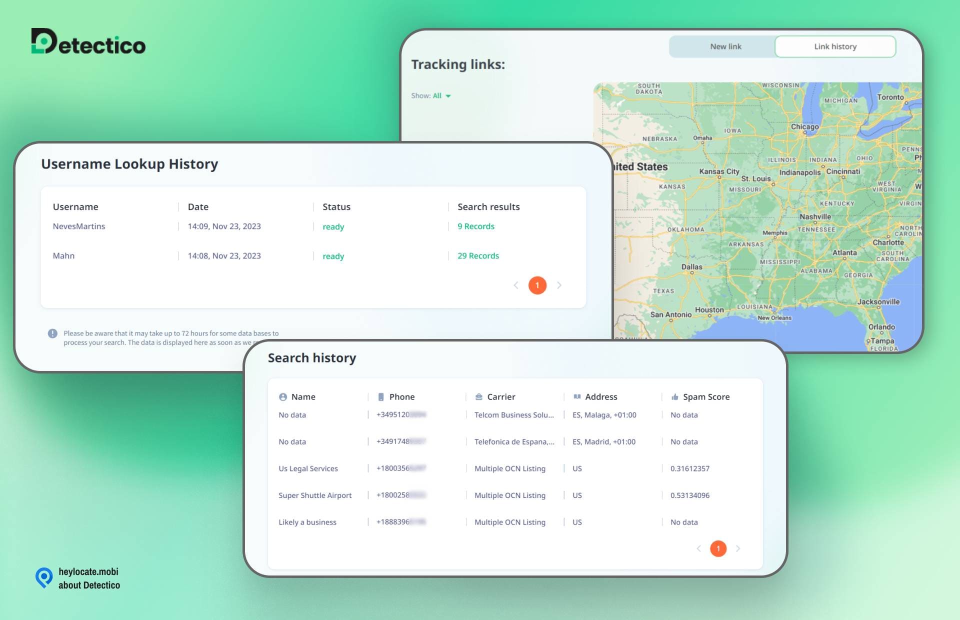 An interface showing Detectico's various tracking features. On the left, there's a table labeled 'Username Lookup History' listing usernames, dates, status, and search results. In the center, a smaller inset titled 'Search history' displays a list of names, phone numbers, carriers, addresses, and spam scores. On the right, there's a map with a 'New link' and 'Link history' tab above, indicating the geographic tracking. The Detectico logo is at the top, and the website 'heylocate.mobi' with the text 'about Detectico' is at the bottom.