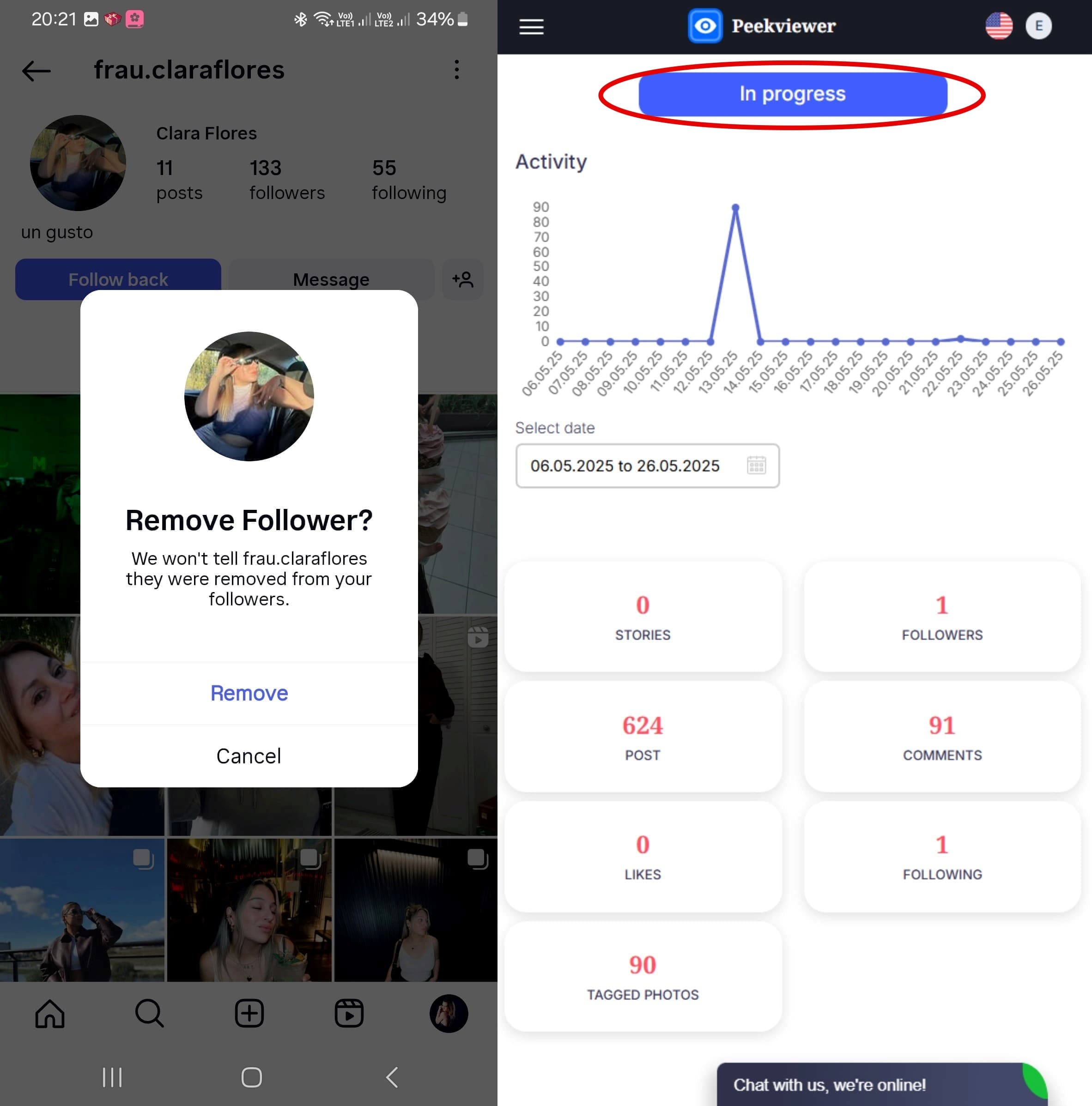 Instagram subscriber deletion and account analytics overview via Peekviewer including number of posts, followers and comments.