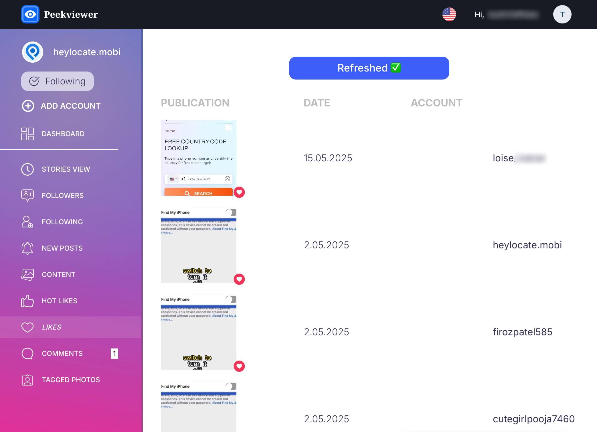 Peekviewer showing likes on Instagram posts.