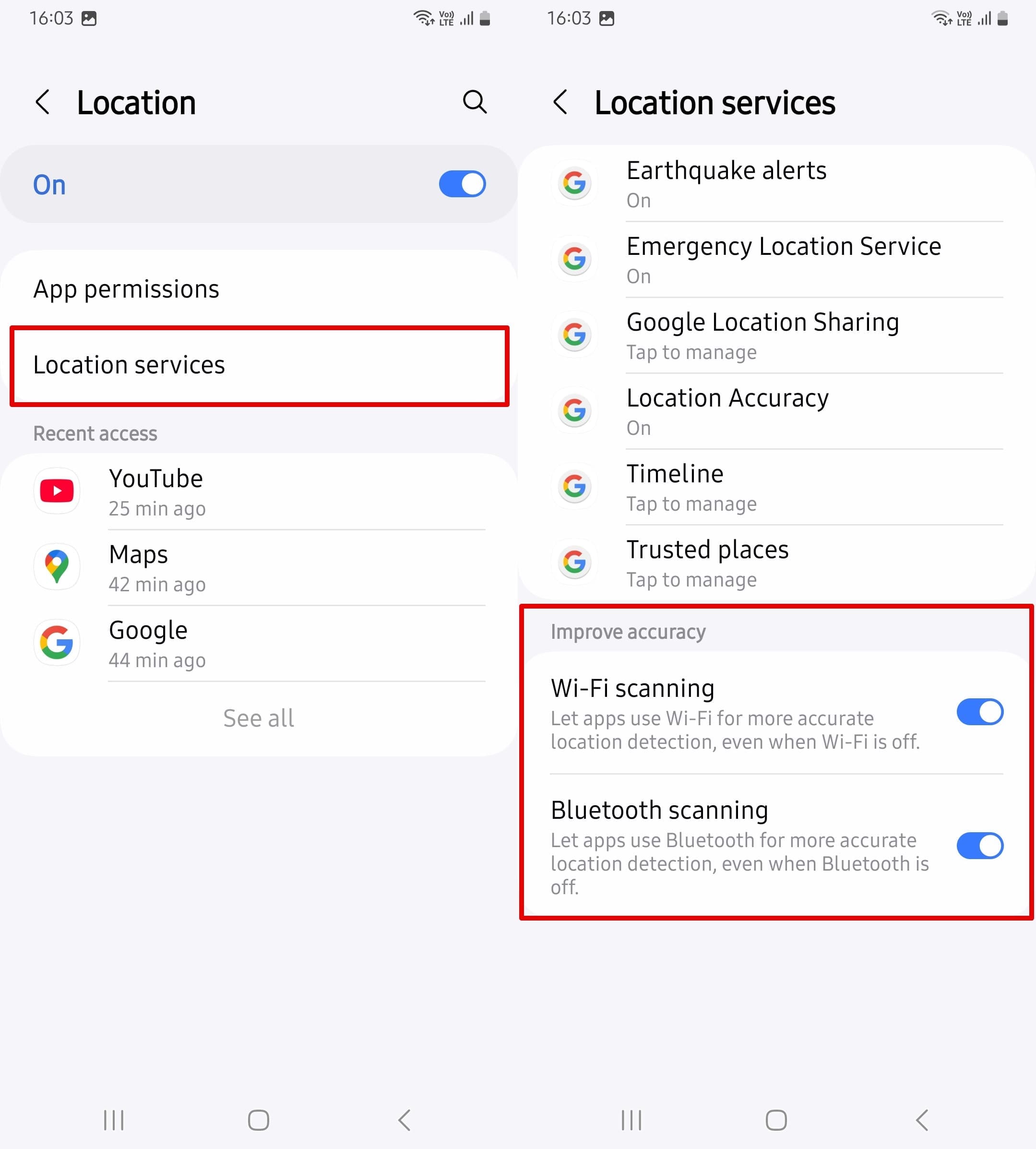 Open Location services and click toggles next to wi-fi scanning and Bluetooth Scanning to turn them on.