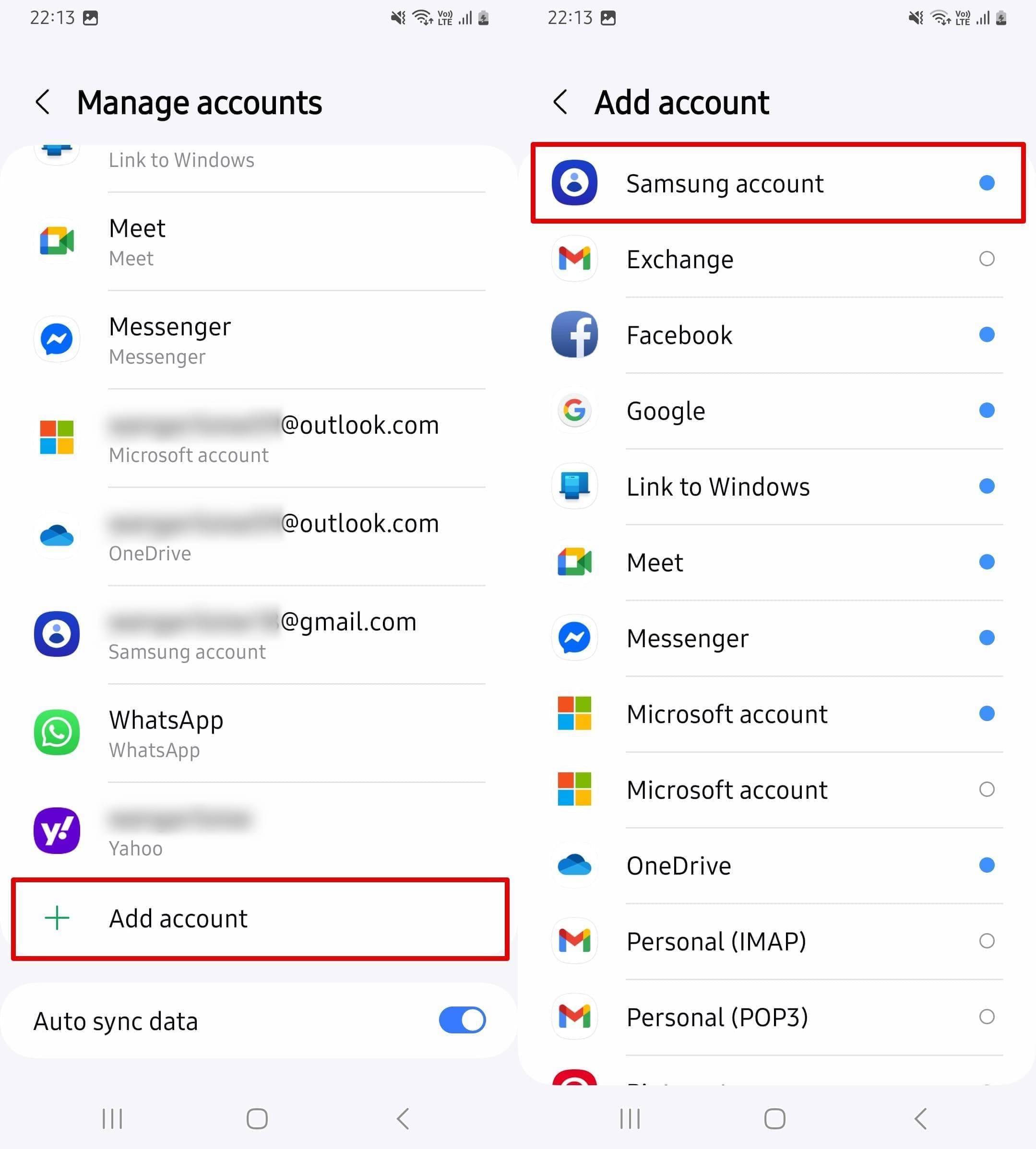 Click Add account and click Samsung Account.