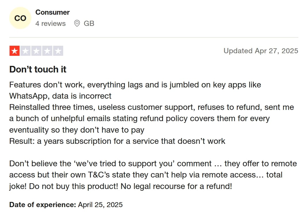 Negative feedback about mSpy in Trustpilot