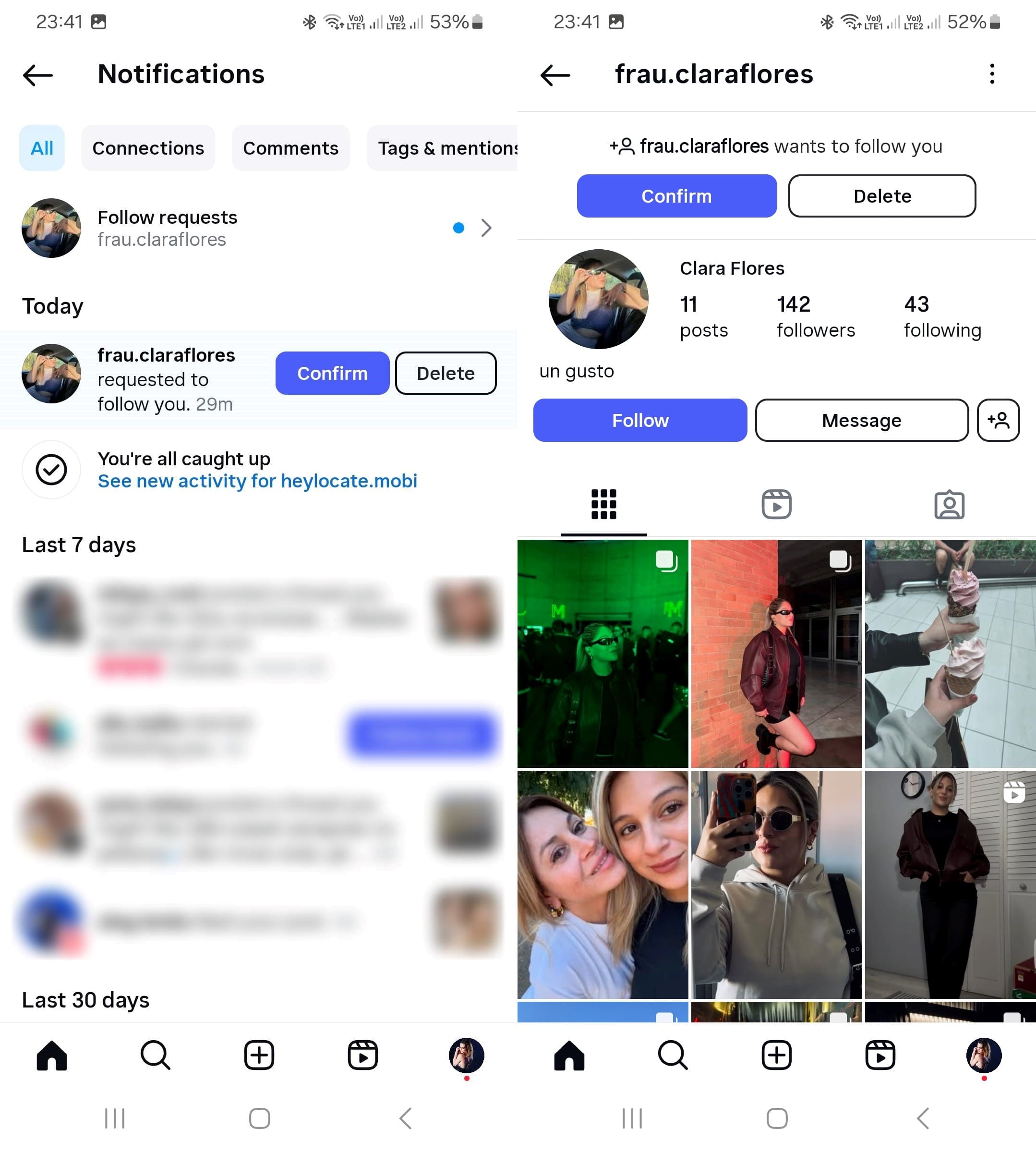 A request from a new follower on the private Instagram account.