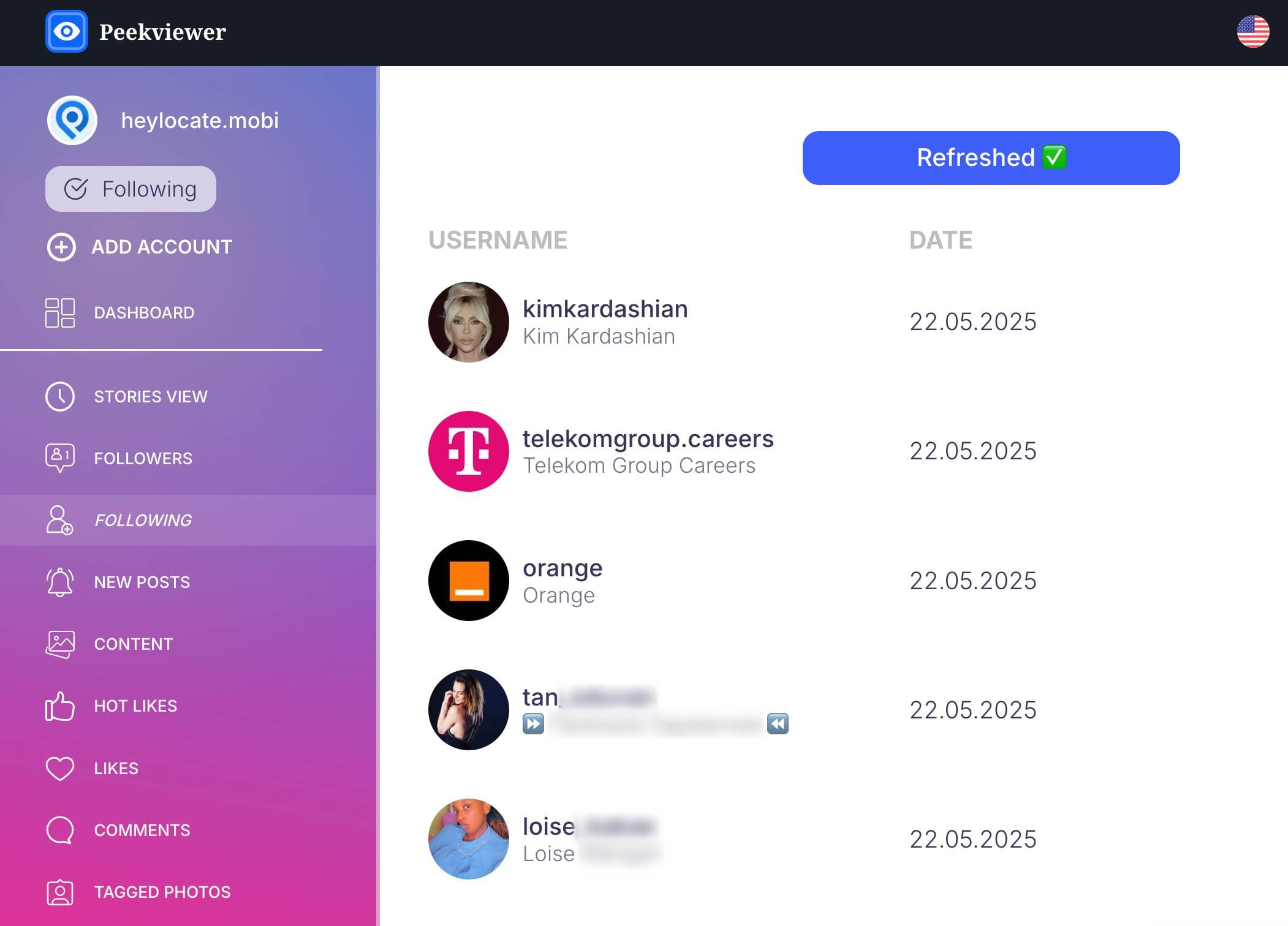 An image of the Following feature on Peekviewer control panel.