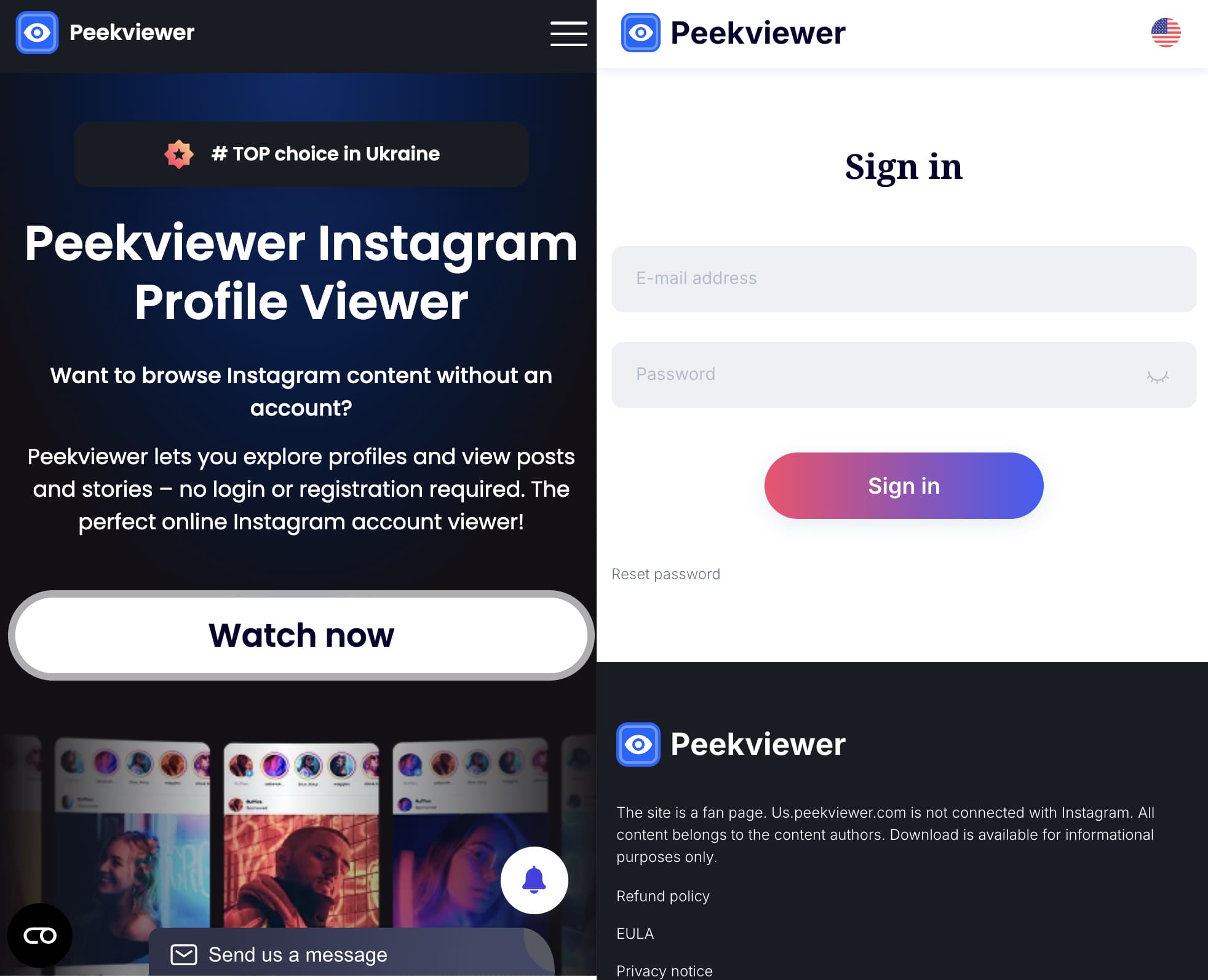 View of Peekviewer homepage with Watch now button and registration page with Sing in button.