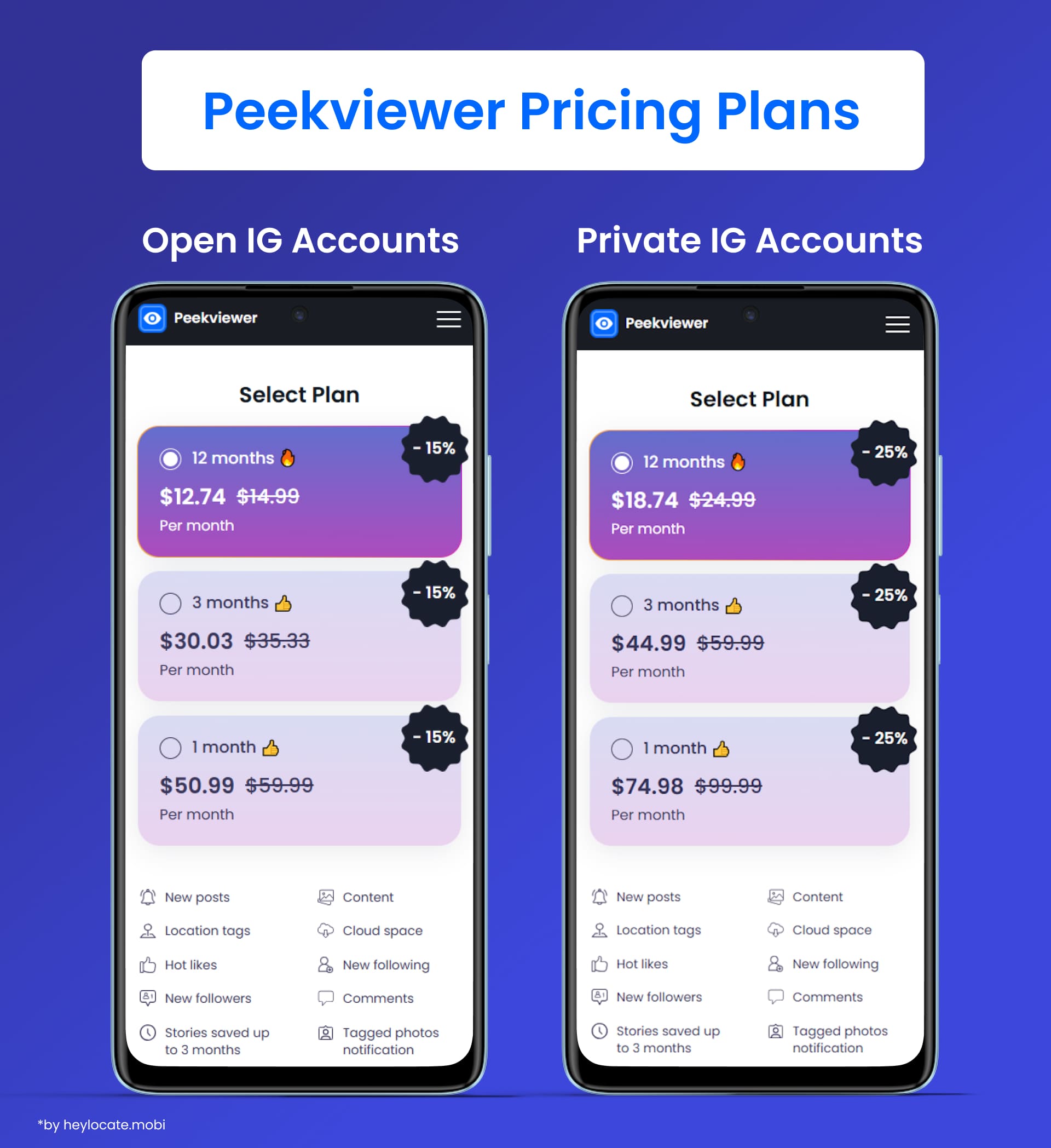 Comparison of monthly subscription prices for viewing open and closed Instagram accounts using Peekviewer's service, showing 1-month, 3-month, and 12-month discounted plan options.