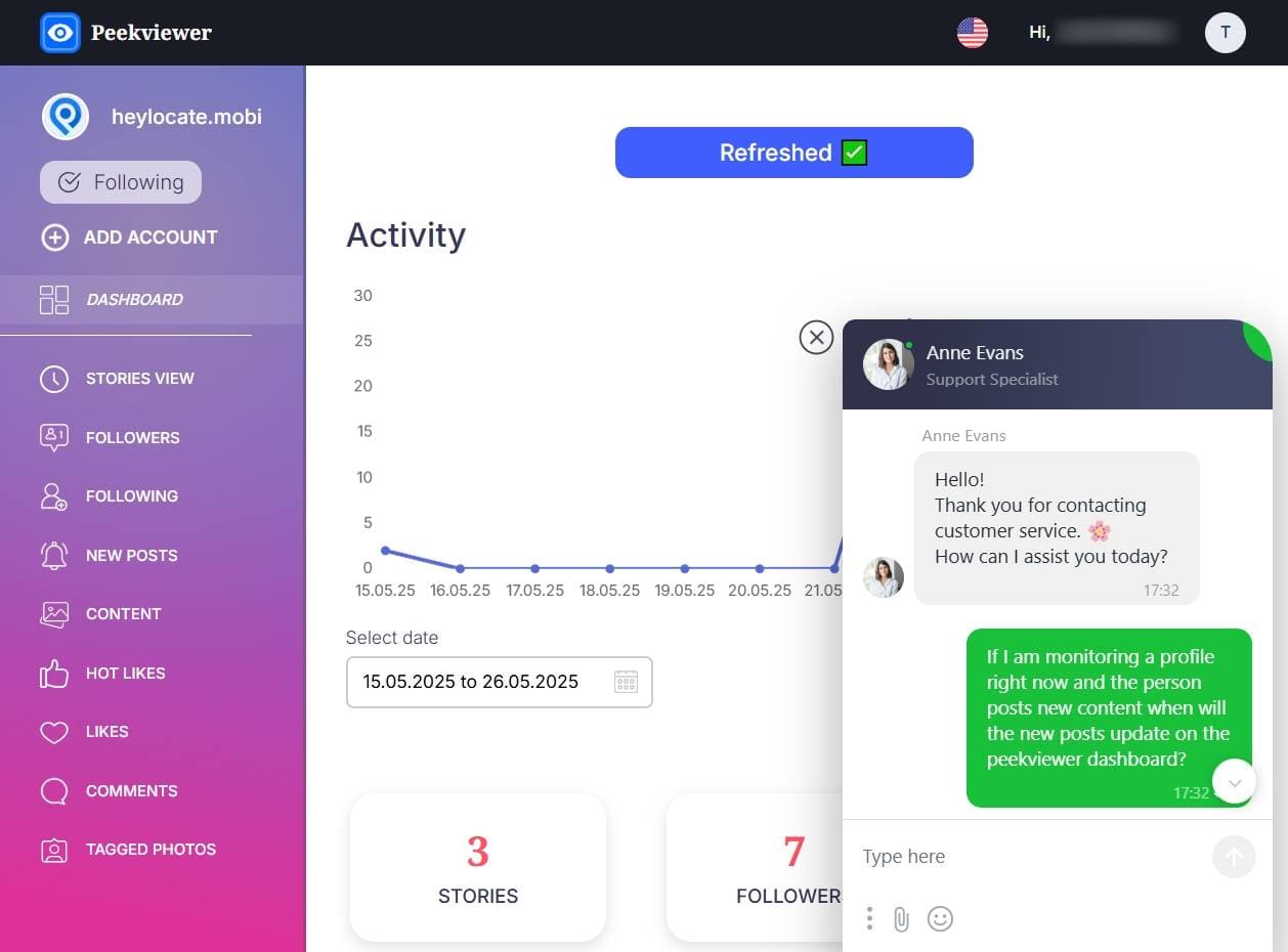 Peekviewer live chat support showing an existing chat.