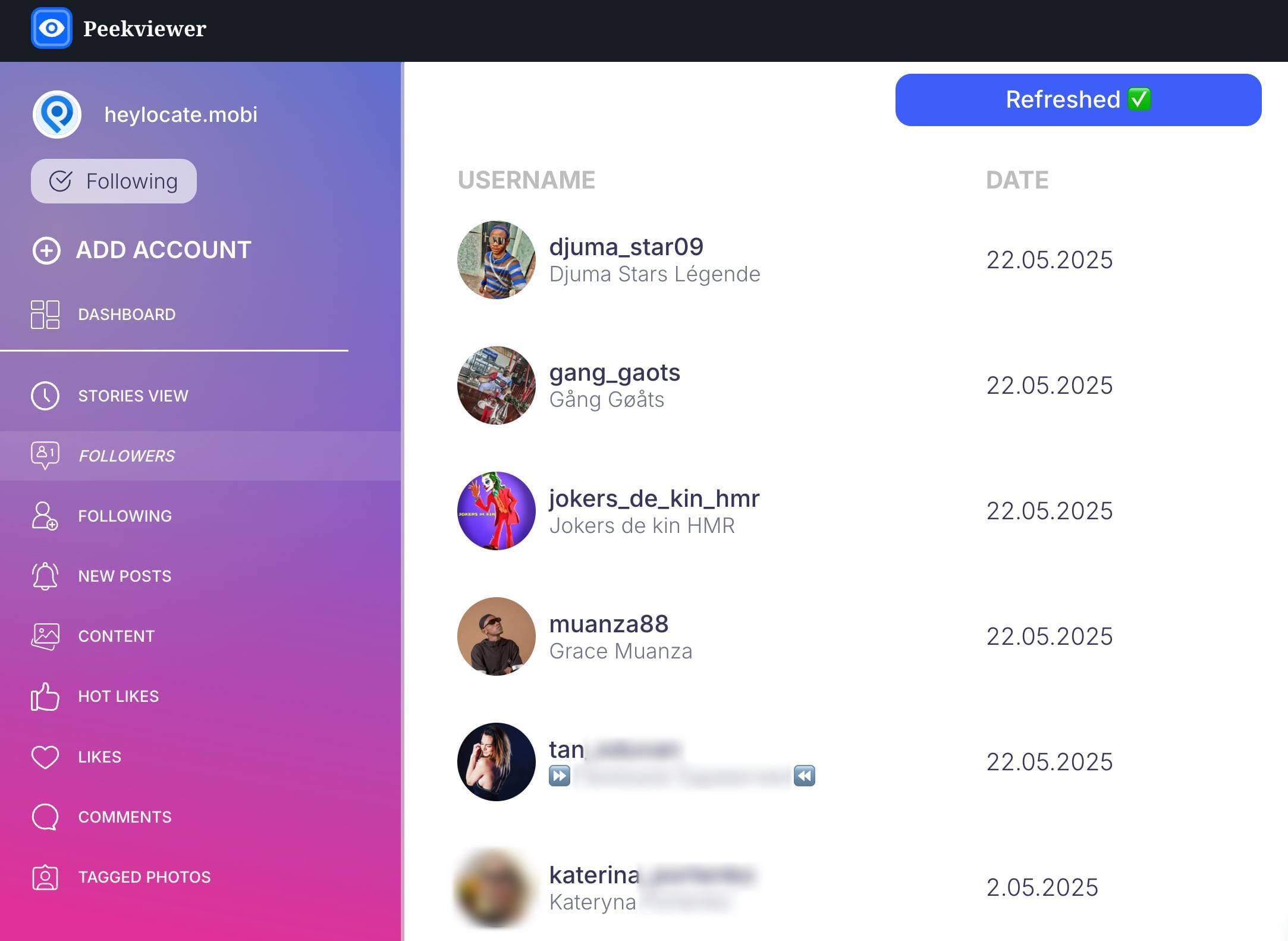 Peekviewer showing the list of followers of an Instagram account.