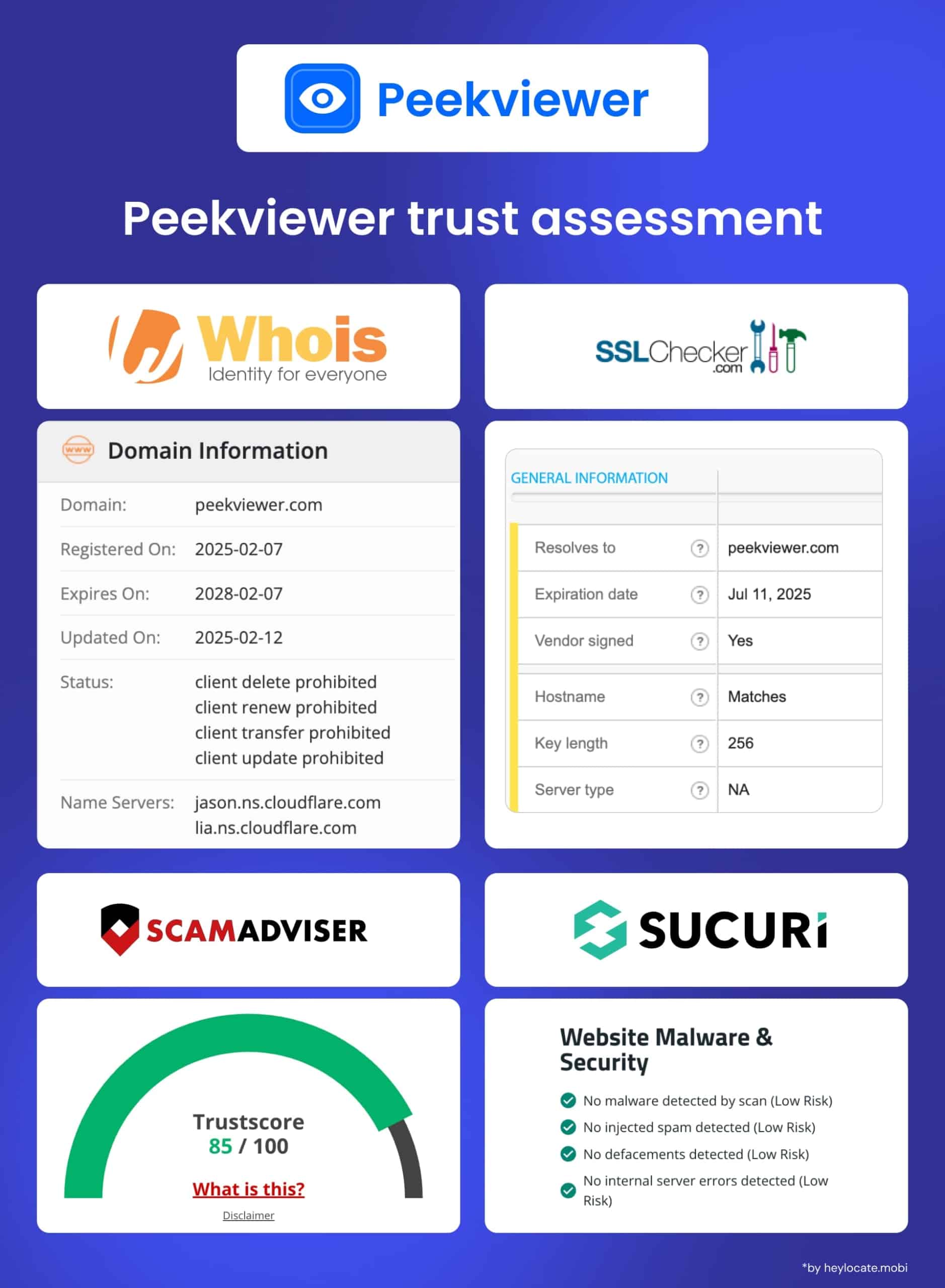 Infographic showing a security and trust assessment of Peekviewer using data from Whois, SSL Checker, ScamAdviser, and Sucuri.