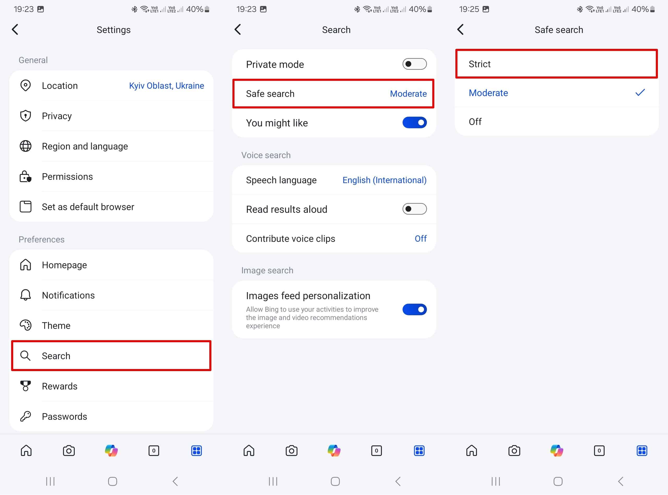 SafeSearch settings with filtering choices Strict, Moderate, or Off, in the Bing interface settings.