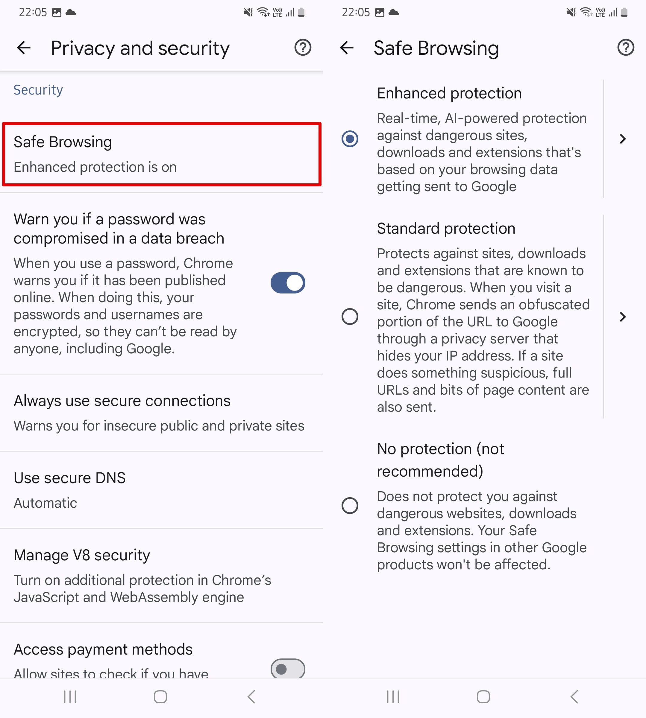 Click Safe Browsing and choose Enhanced Protection.