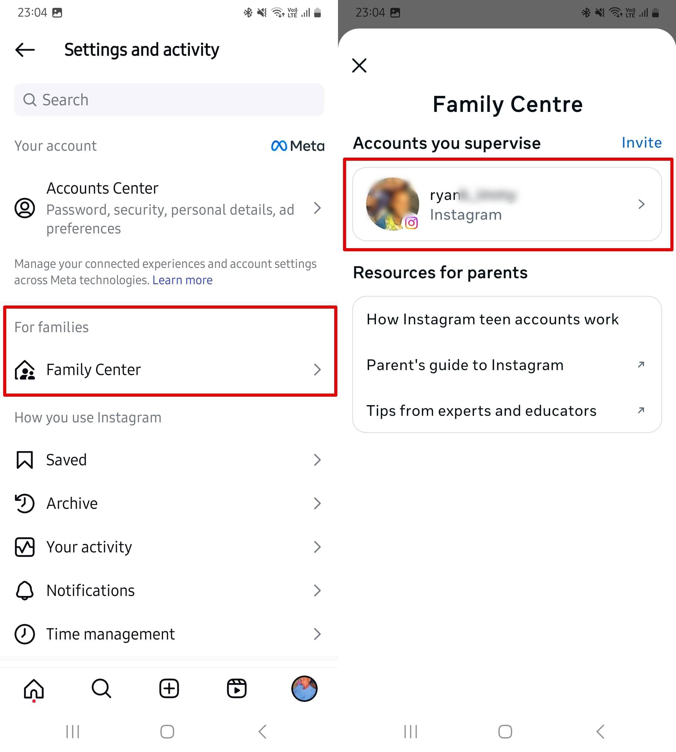 Select the desired child in the Family Center.