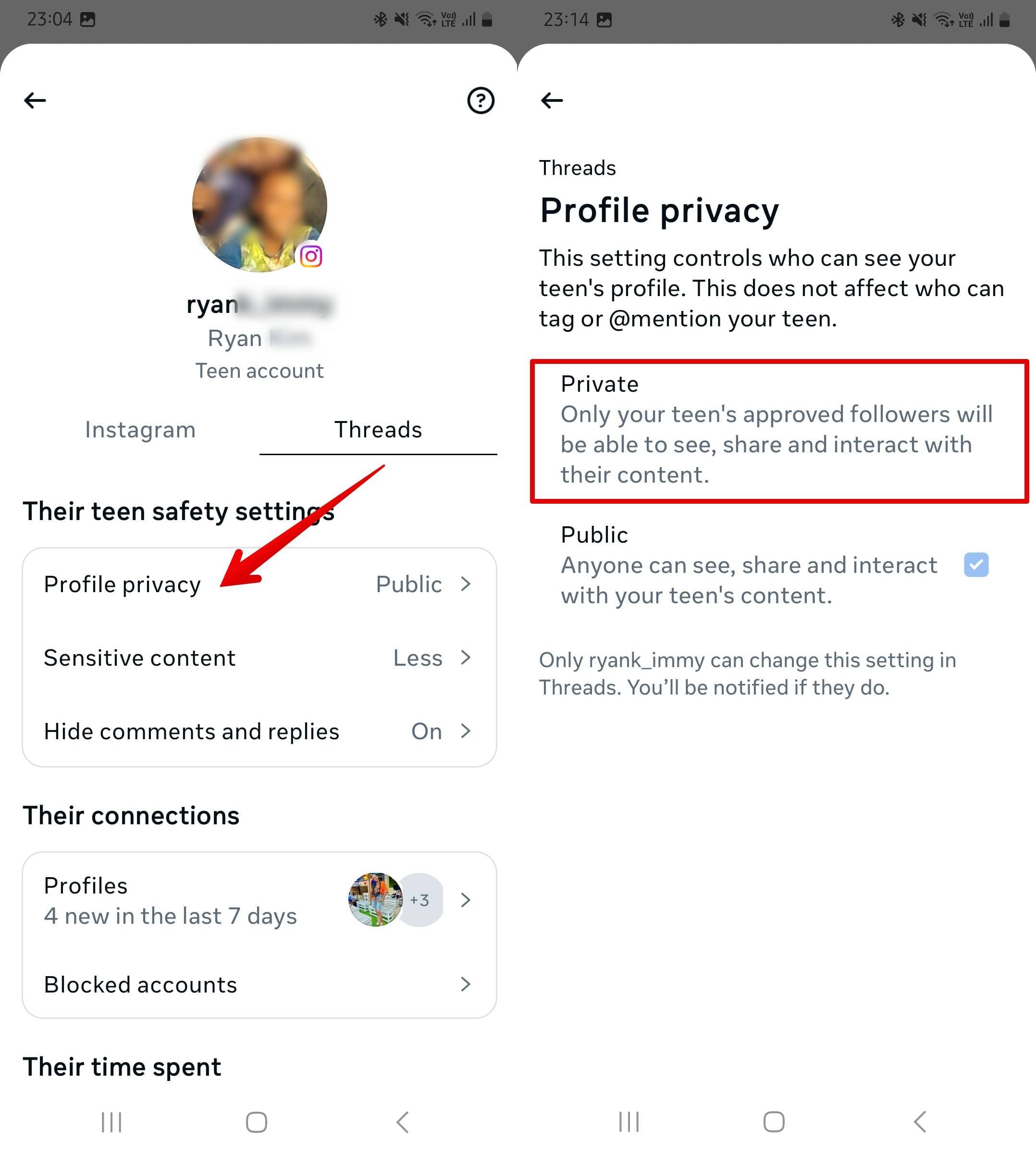 Access Family Center, Threads, and click profile privacy.