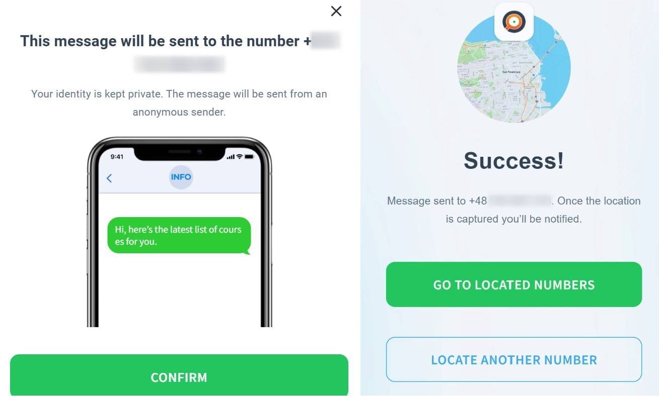 Confirm the message and number on Findsio locate by number feature.