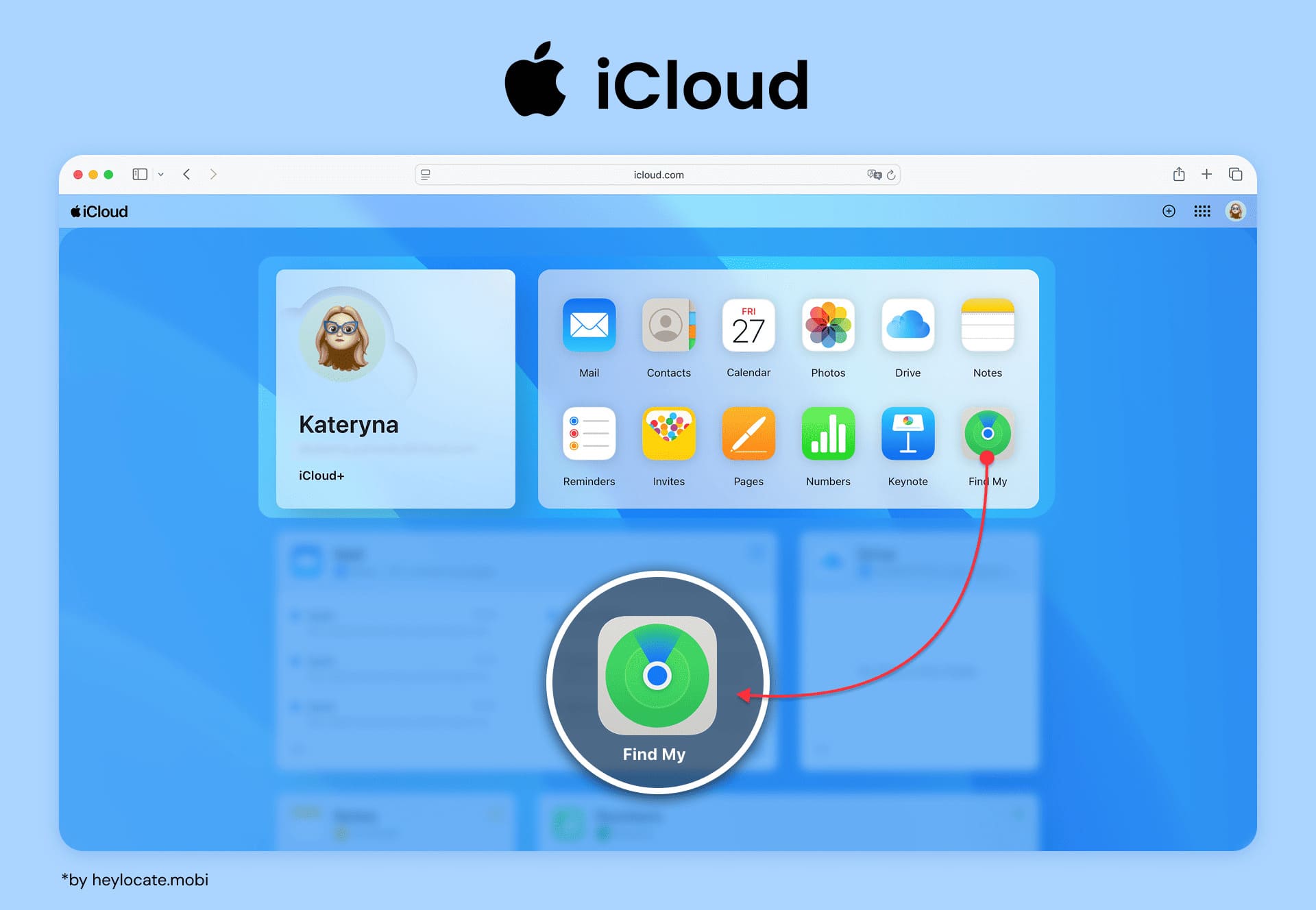 iCloud interface with the Find My app highlighted.