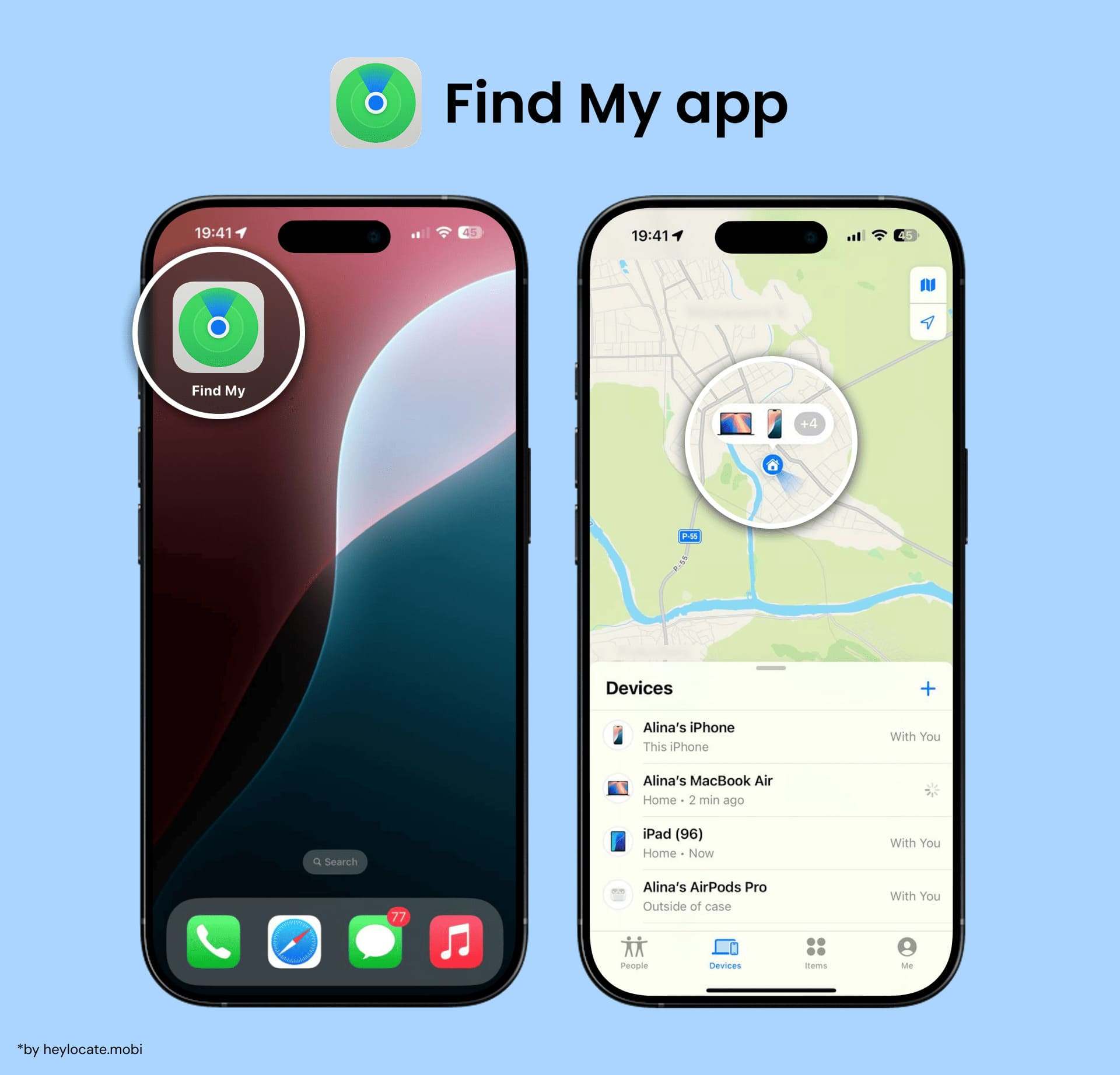 Open Find My, view the map and devices connected to the system.