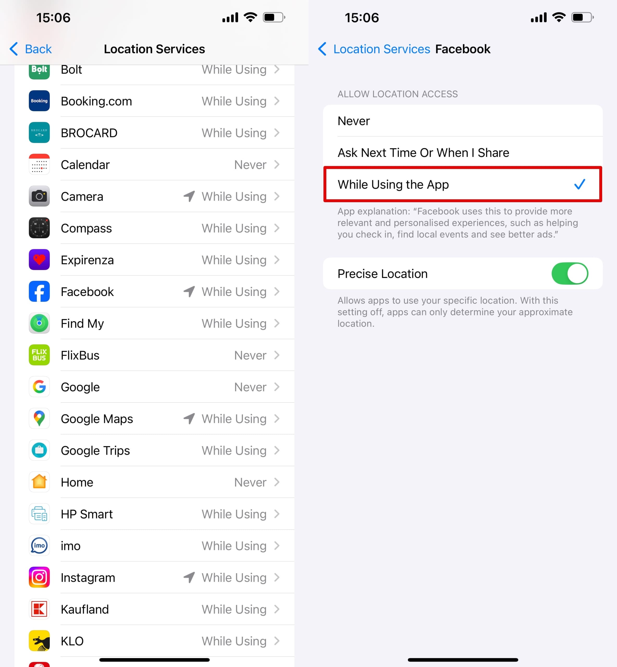 Select the Facebook app and the required permission.