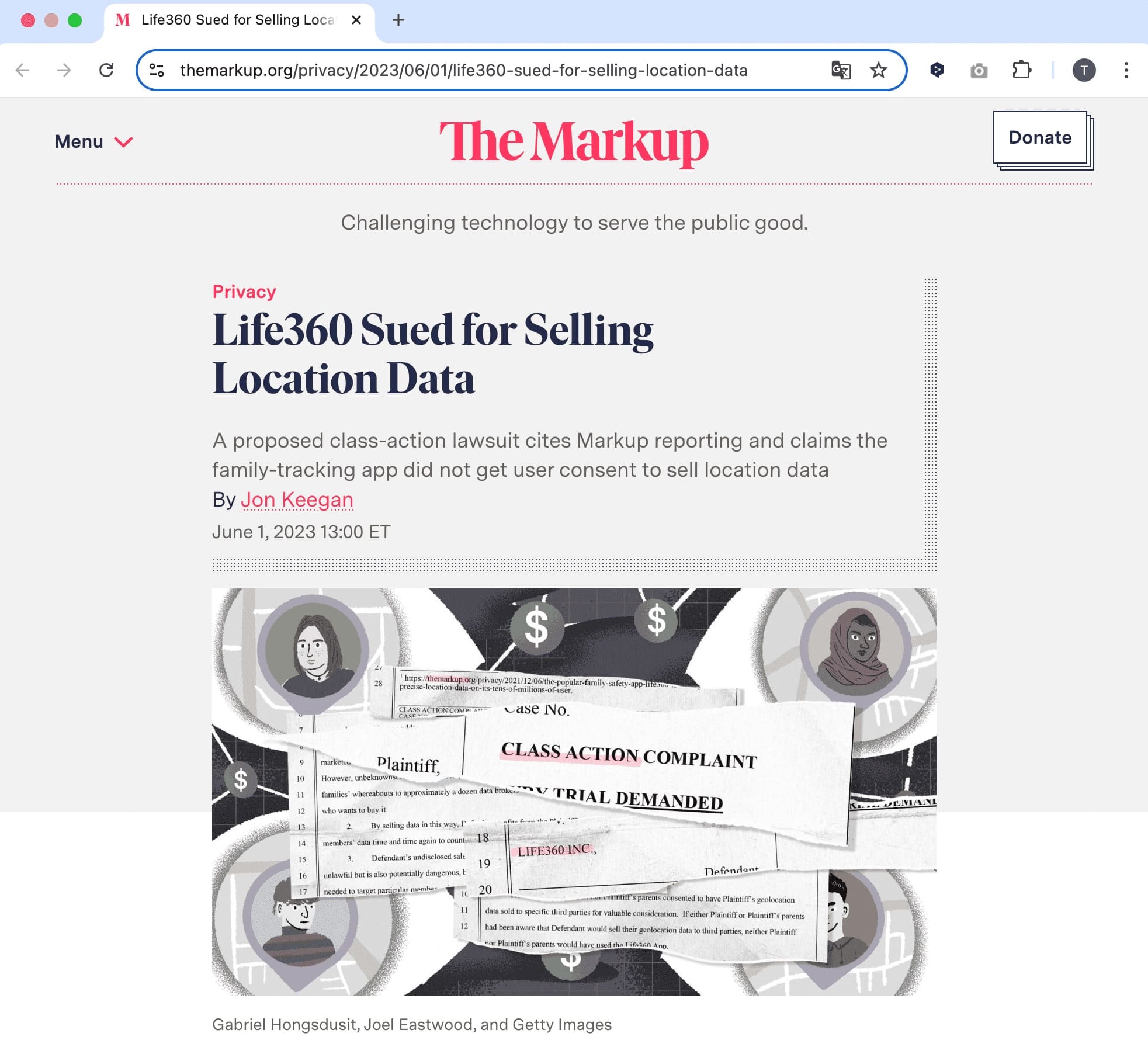 Screenshot of article titled “Life360 sued for selling location data”